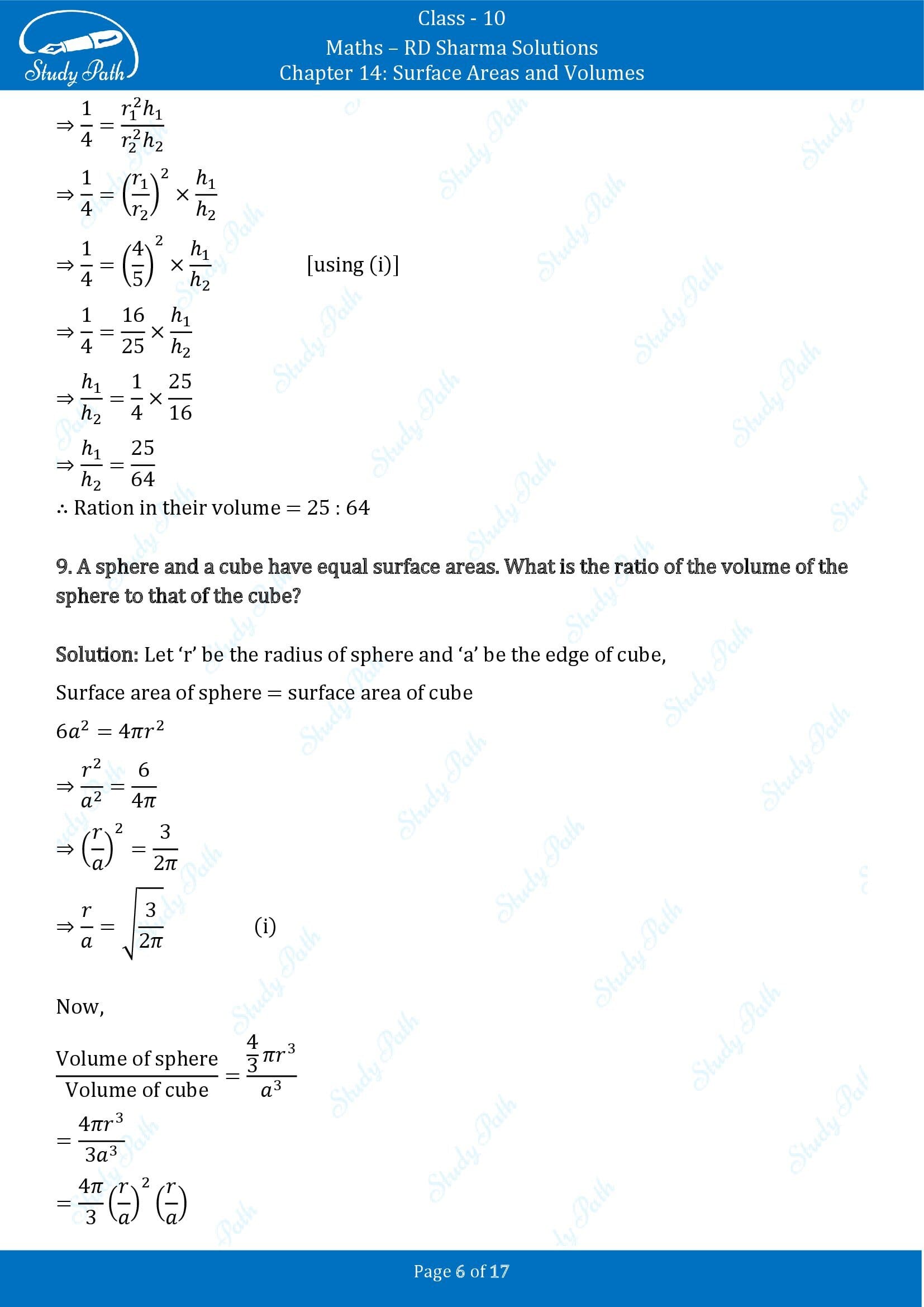 RD Sharma Solutions Class 10 Chapter 14 Surface Areas and Volumes Very Short Answer Type Questions VSAQs 00006