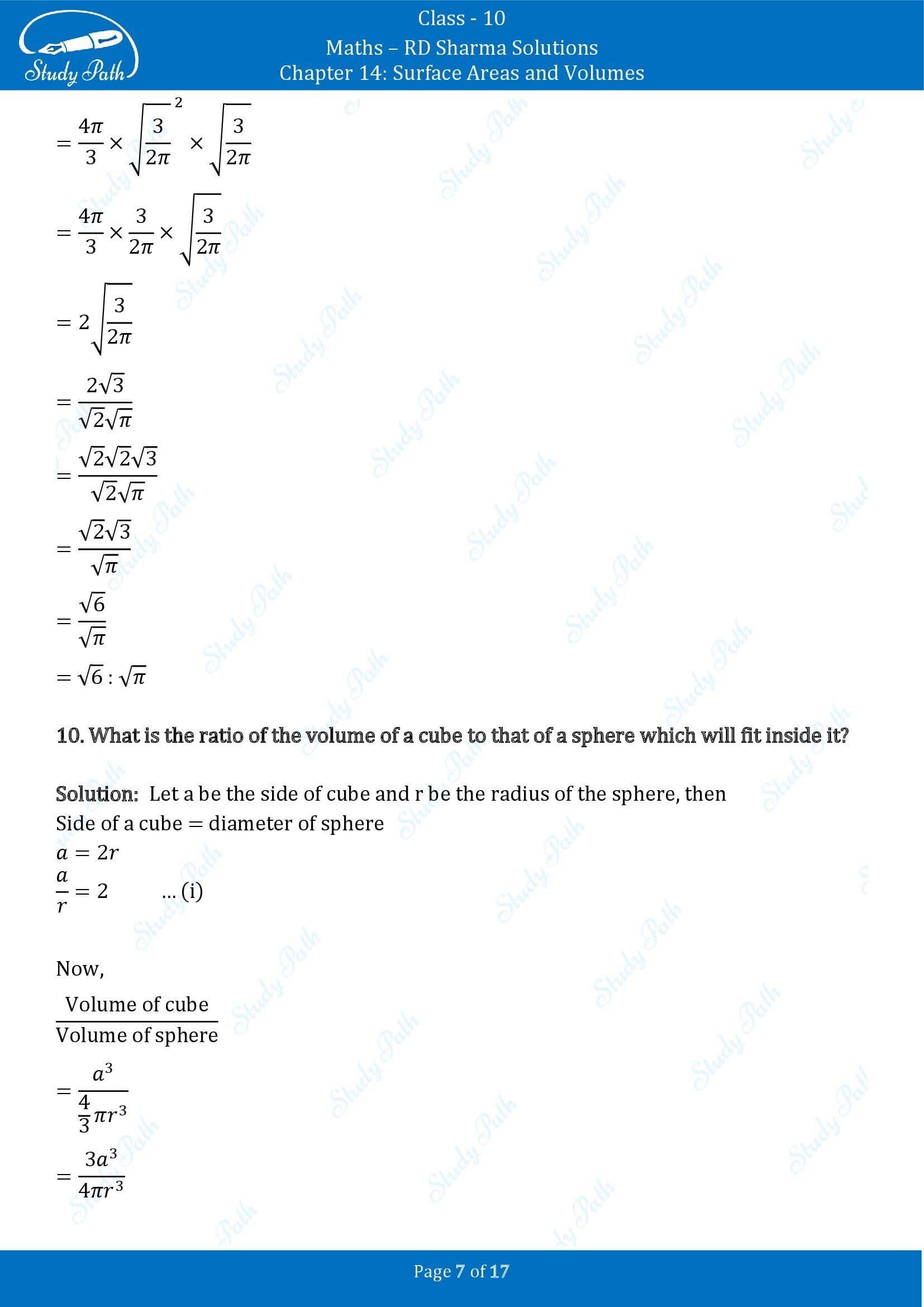 RD Sharma Solutions Class 10 Chapter 14 Surface Areas and Volumes Very Short Answer Type Questions VSAQs 00007