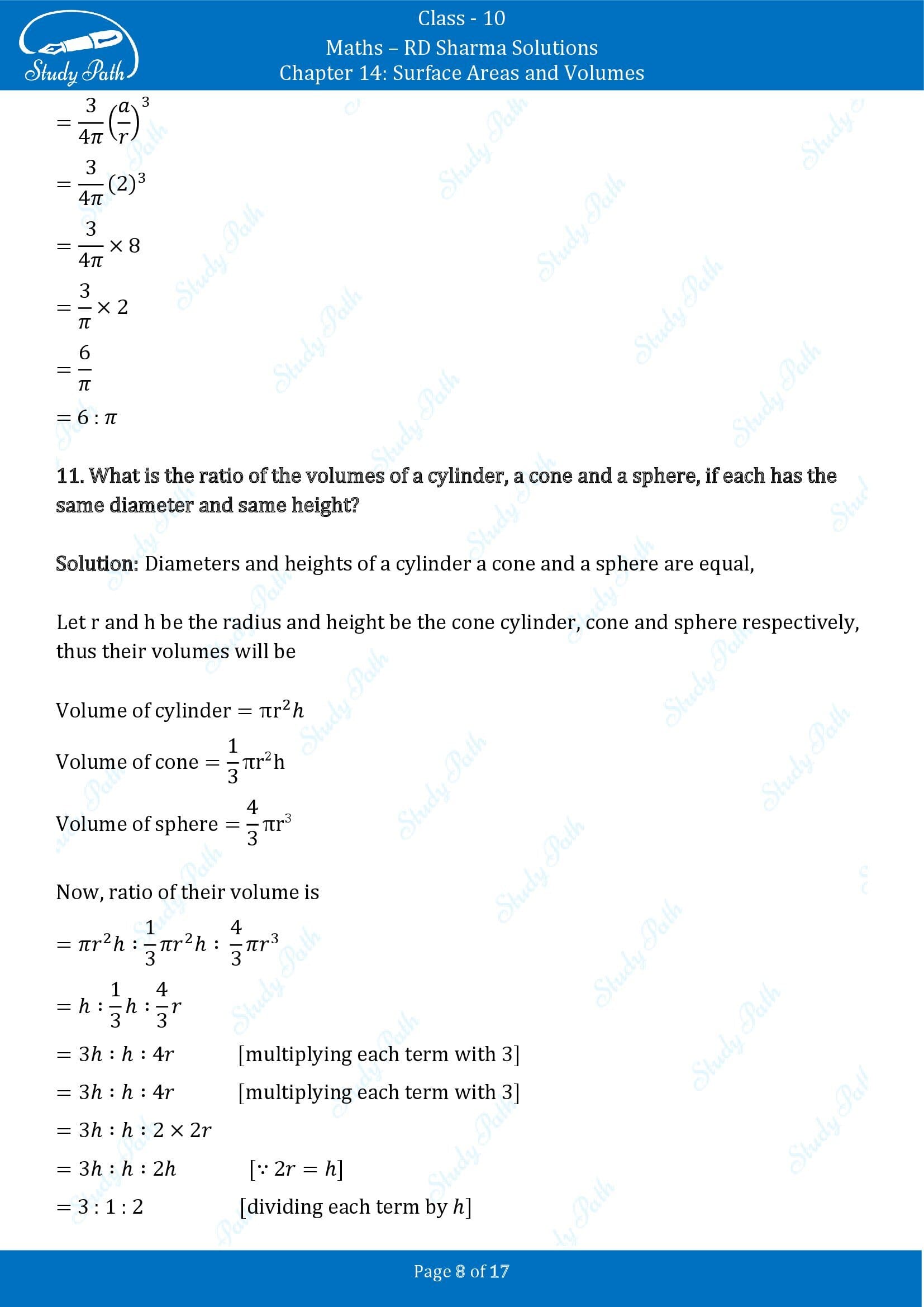 RD Sharma Solutions Class 10 Chapter 14 Surface Areas and Volumes Very Short Answer Type Questions VSAQs 00008
