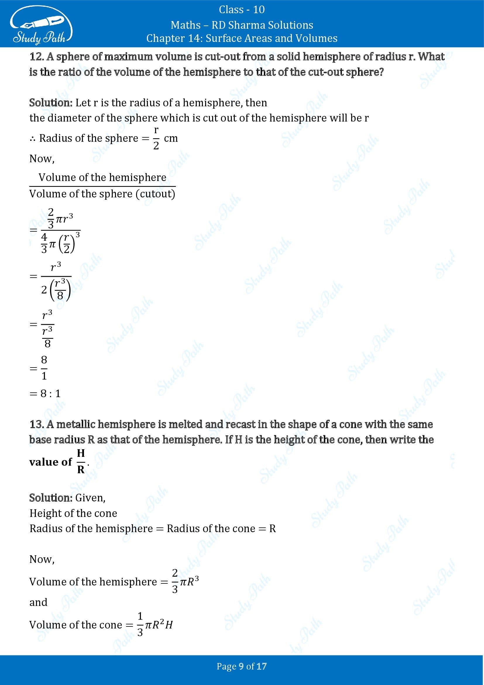 RD Sharma Solutions Class 10 Chapter 14 Surface Areas and Volumes Very Short Answer Type Questions VSAQs 00009