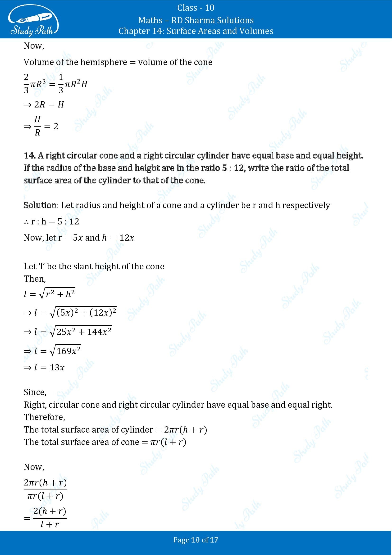 RD Sharma Solutions Class 10 Chapter 14 Surface Areas and Volumes Very Short Answer Type Questions VSAQs 00010