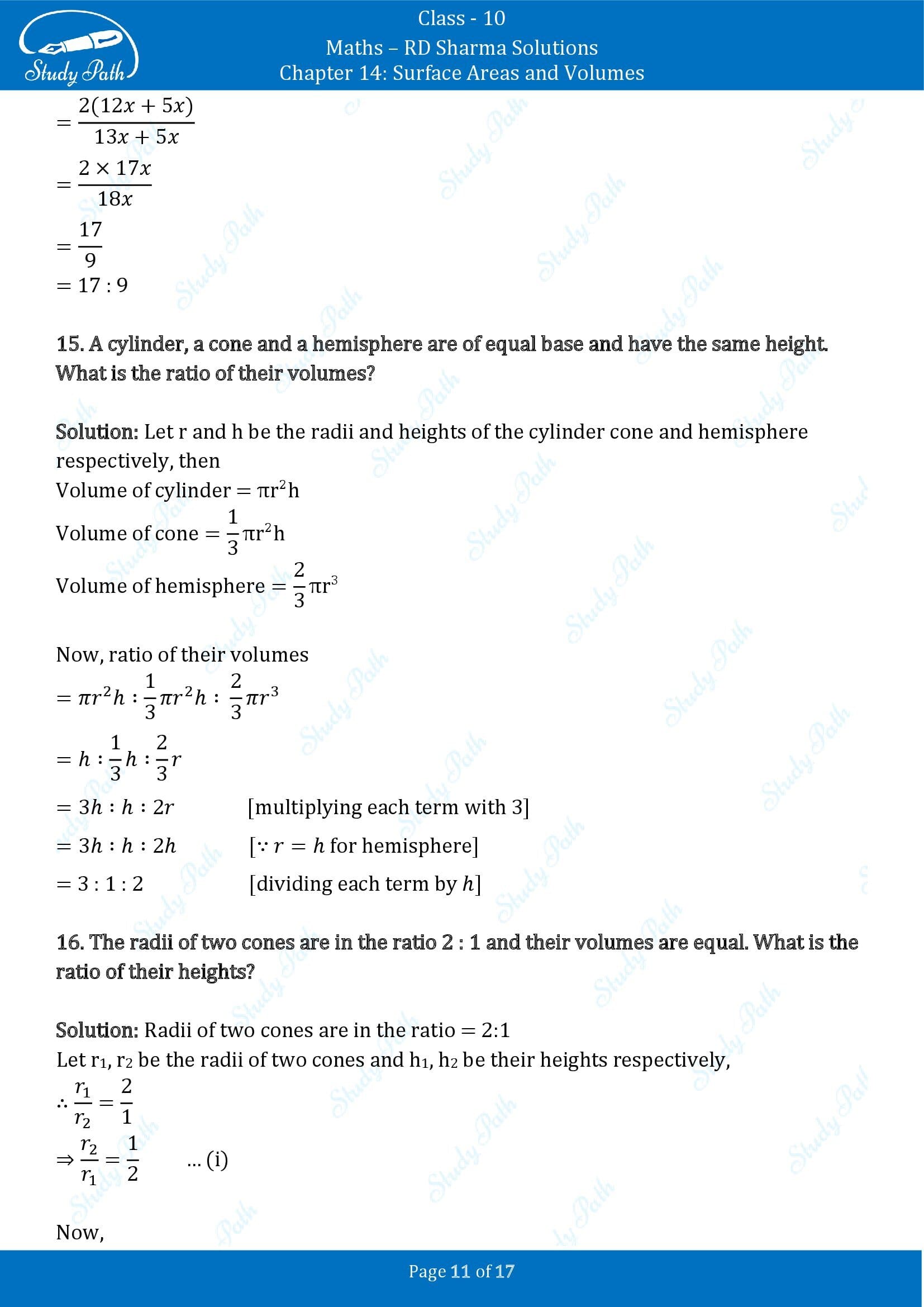 RD Sharma Solutions Class 10 Chapter 14 Surface Areas and Volumes Very Short Answer Type Questions VSAQs 00011