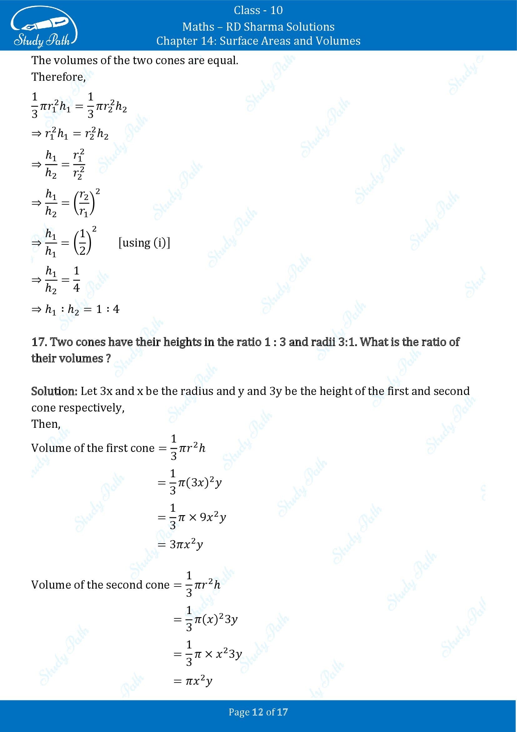 RD Sharma Solutions Class 10 Chapter 14 Surface Areas and Volumes Very Short Answer Type Questions VSAQs 00012