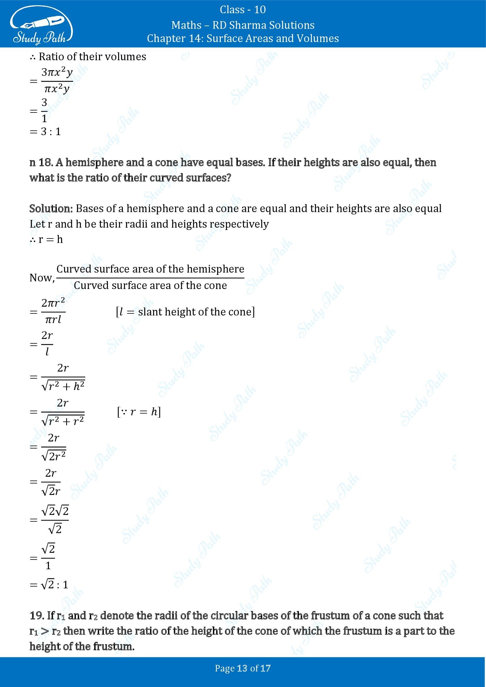 RD Sharma Solutions Class 10 Chapter 14 Surface Areas and Volumes Very Short Answer Type Questions VSAQs 00013
