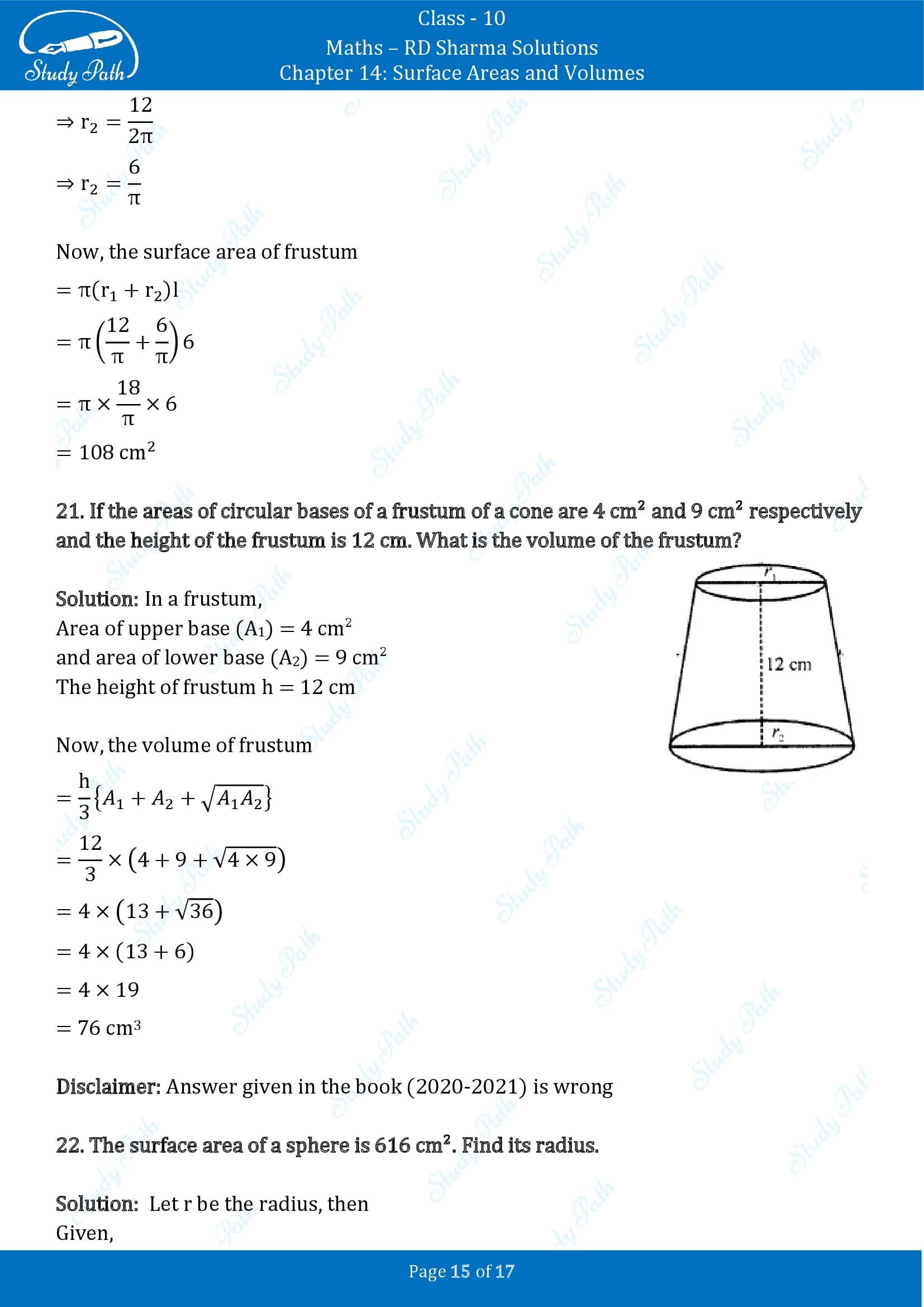 RD Sharma Solutions Class 10 Chapter 14 Surface Areas and Volumes Very Short Answer Type Questions VSAQs 00015