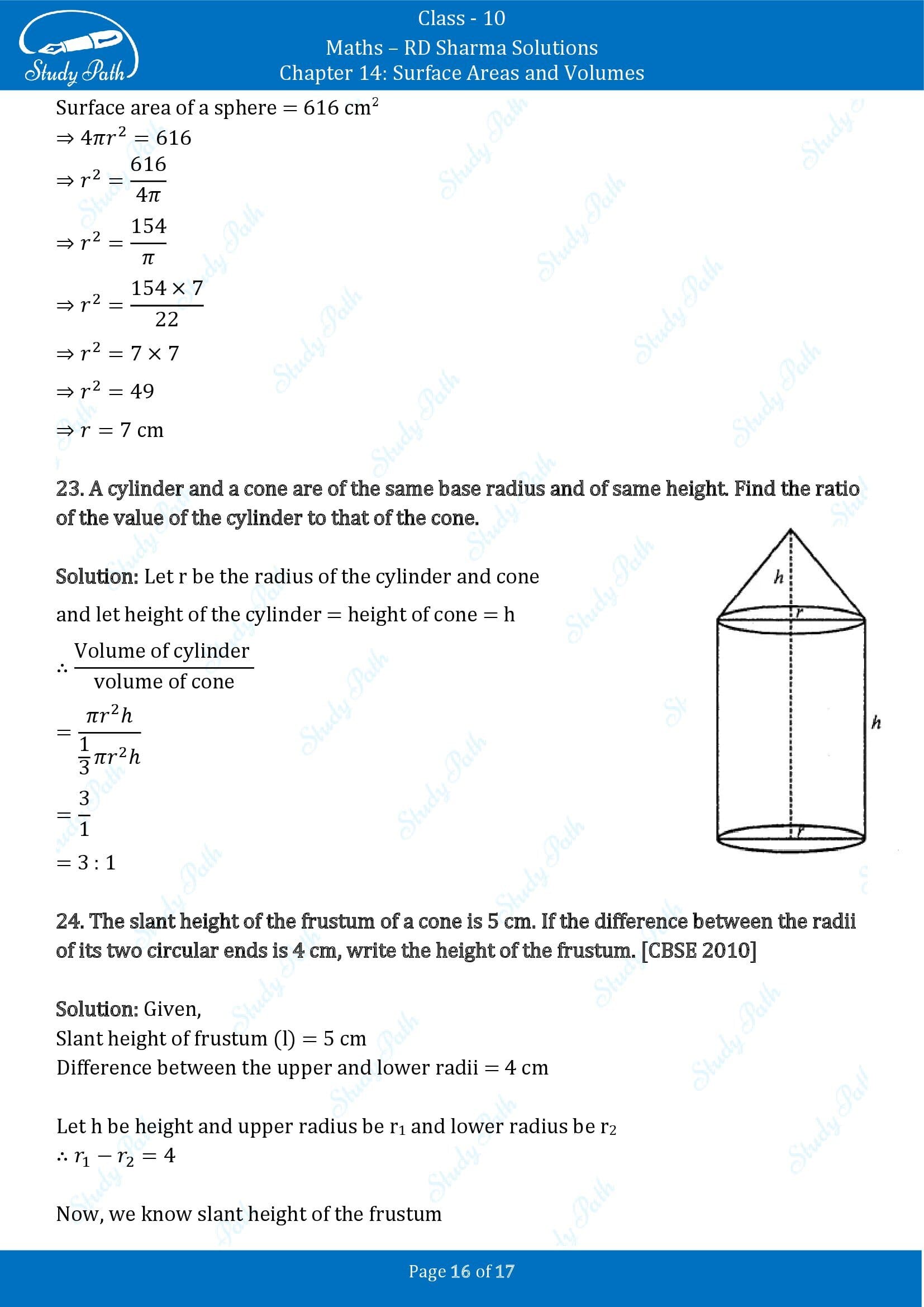 RD Sharma Solutions Class 10 Chapter 14 Surface Areas and Volumes Very Short Answer Type Questions VSAQs 00016