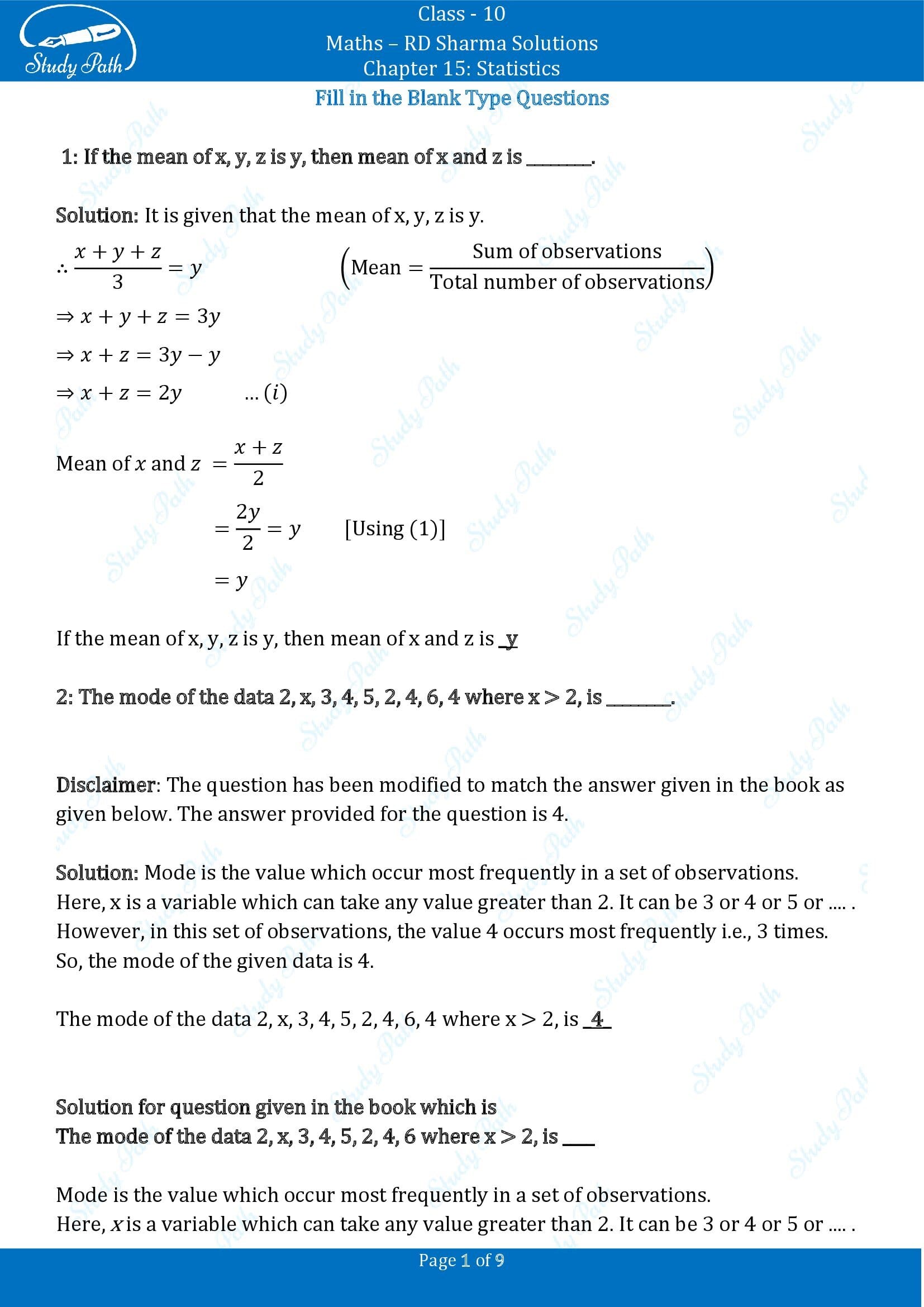 RD Sharma Solutions Class 10 Chapter 15 Statistics Fill in the Blank Type Questions FBQs 00001