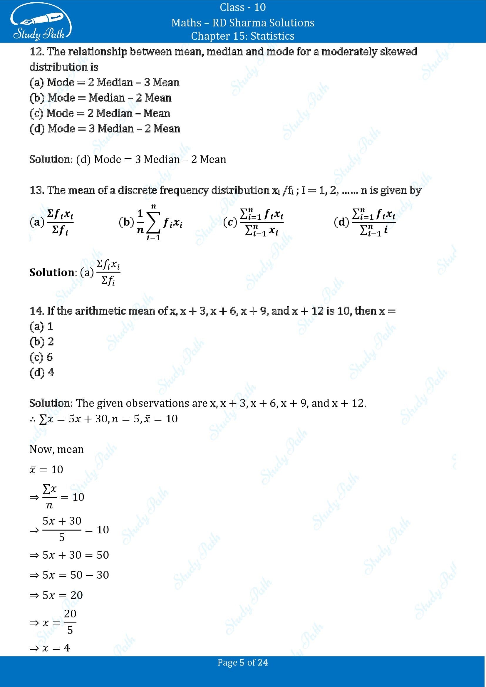 RD Sharma Solutions Class 10 Chapter 15 Statistics Multiple Choice Question MCQs 00005
