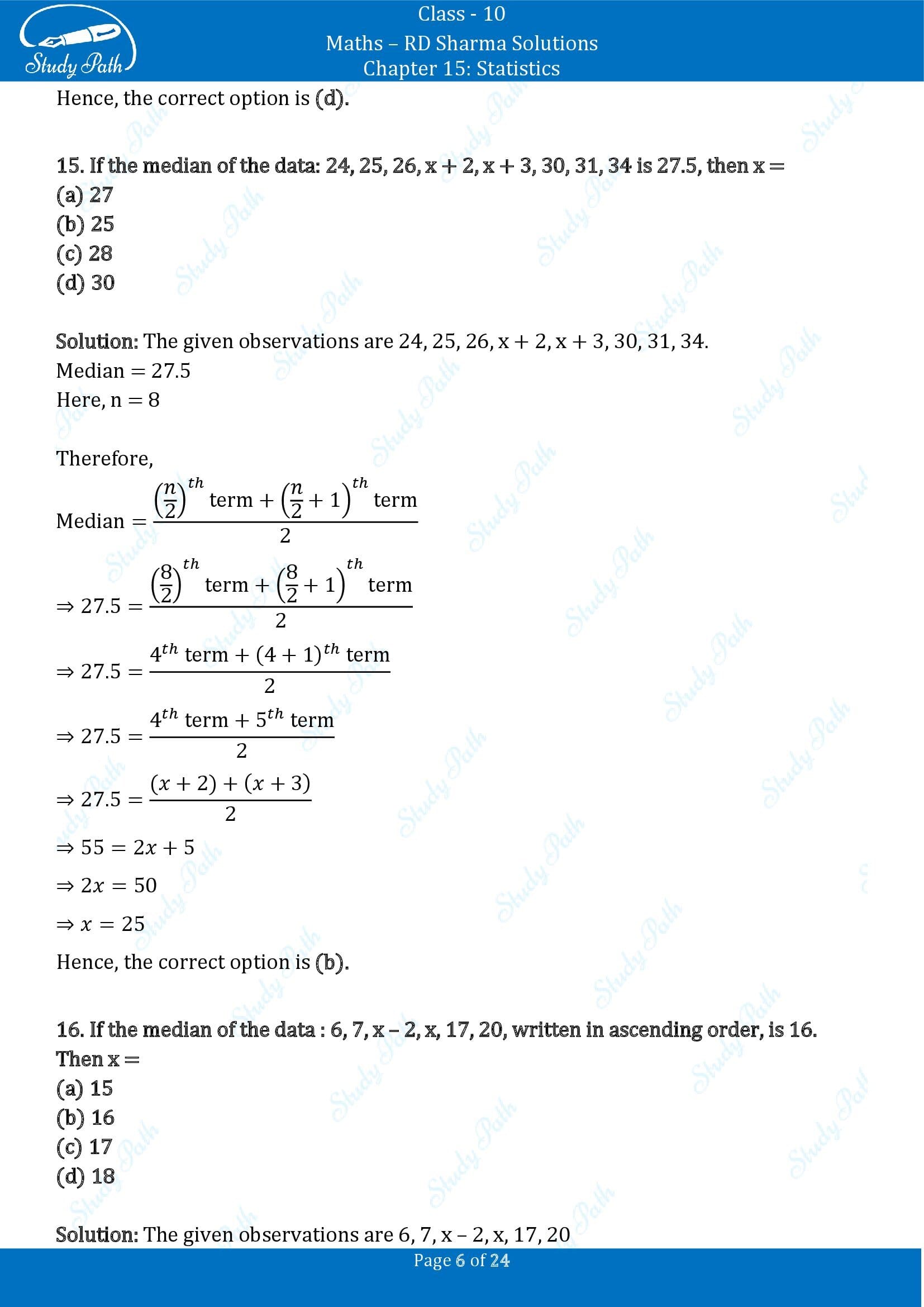 RD Sharma Solutions Class 10 Chapter 15 Statistics Multiple Choice Question MCQs 00006