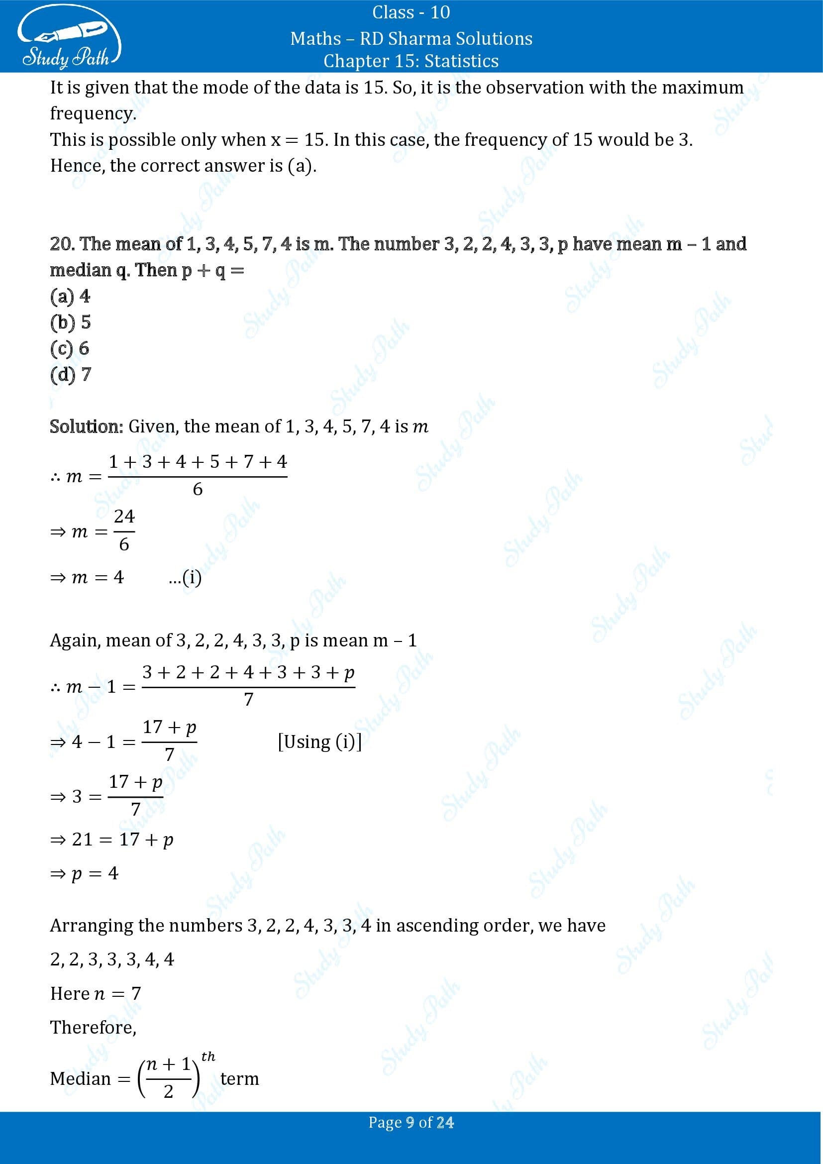 RD Sharma Solutions Class 10 Chapter 15 Statistics Multiple Choice Question MCQs 00009