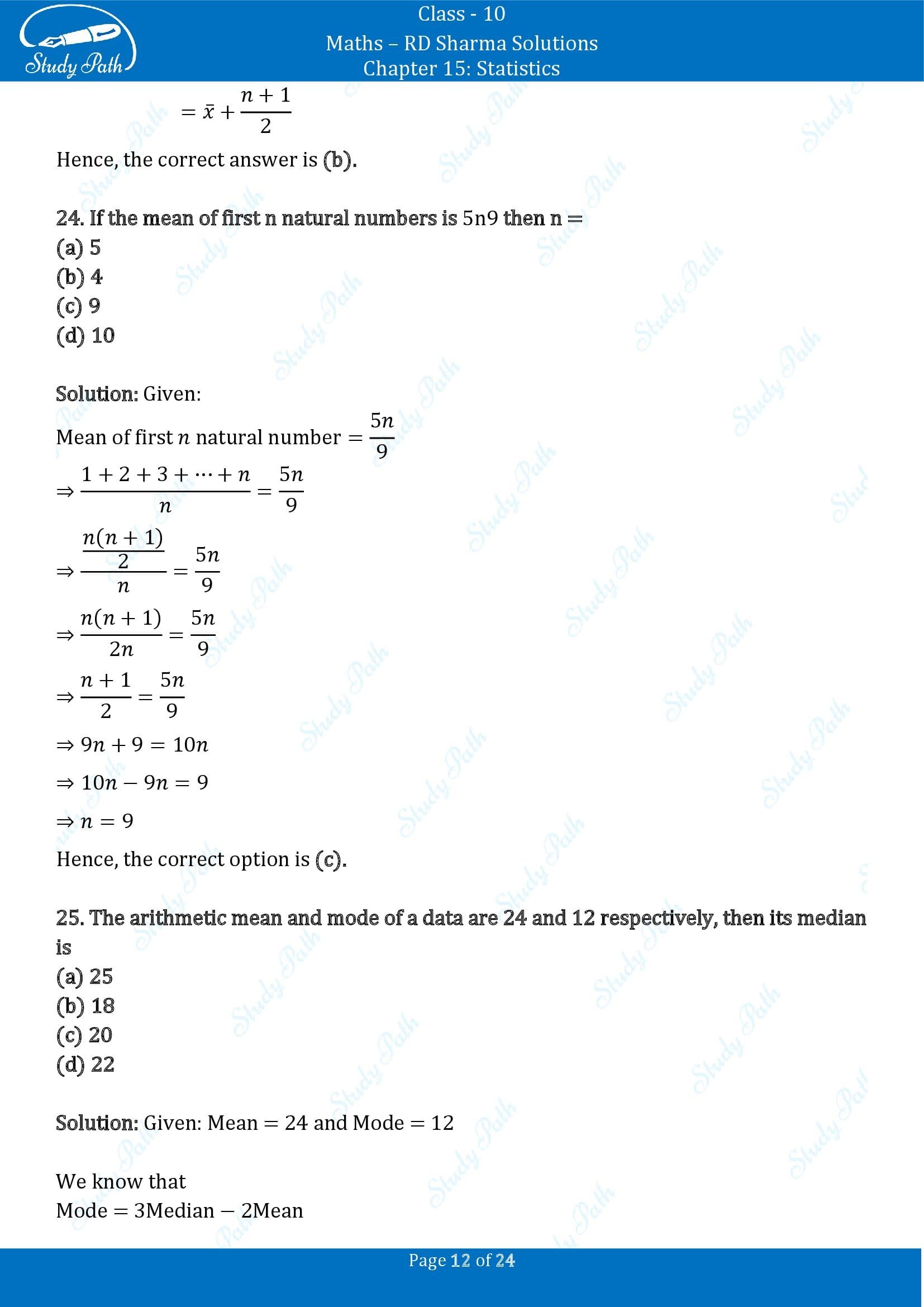 RD Sharma Solutions Class 10 Chapter 15 Statistics Multiple Choice Question MCQs 00012