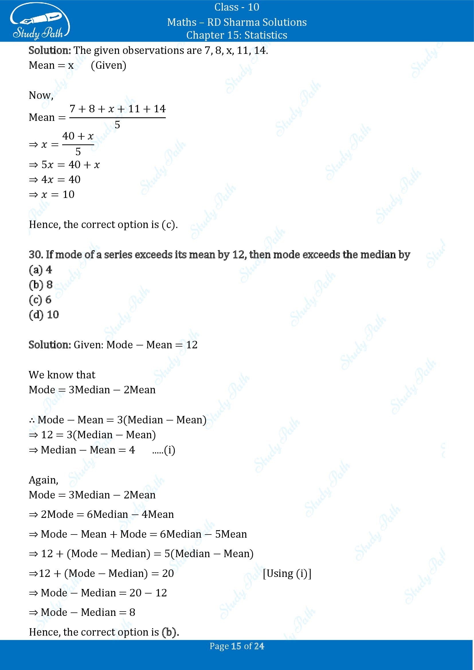 RD Sharma Solutions Class 10 Chapter 15 Statistics Multiple Choice Question MCQs 00015
