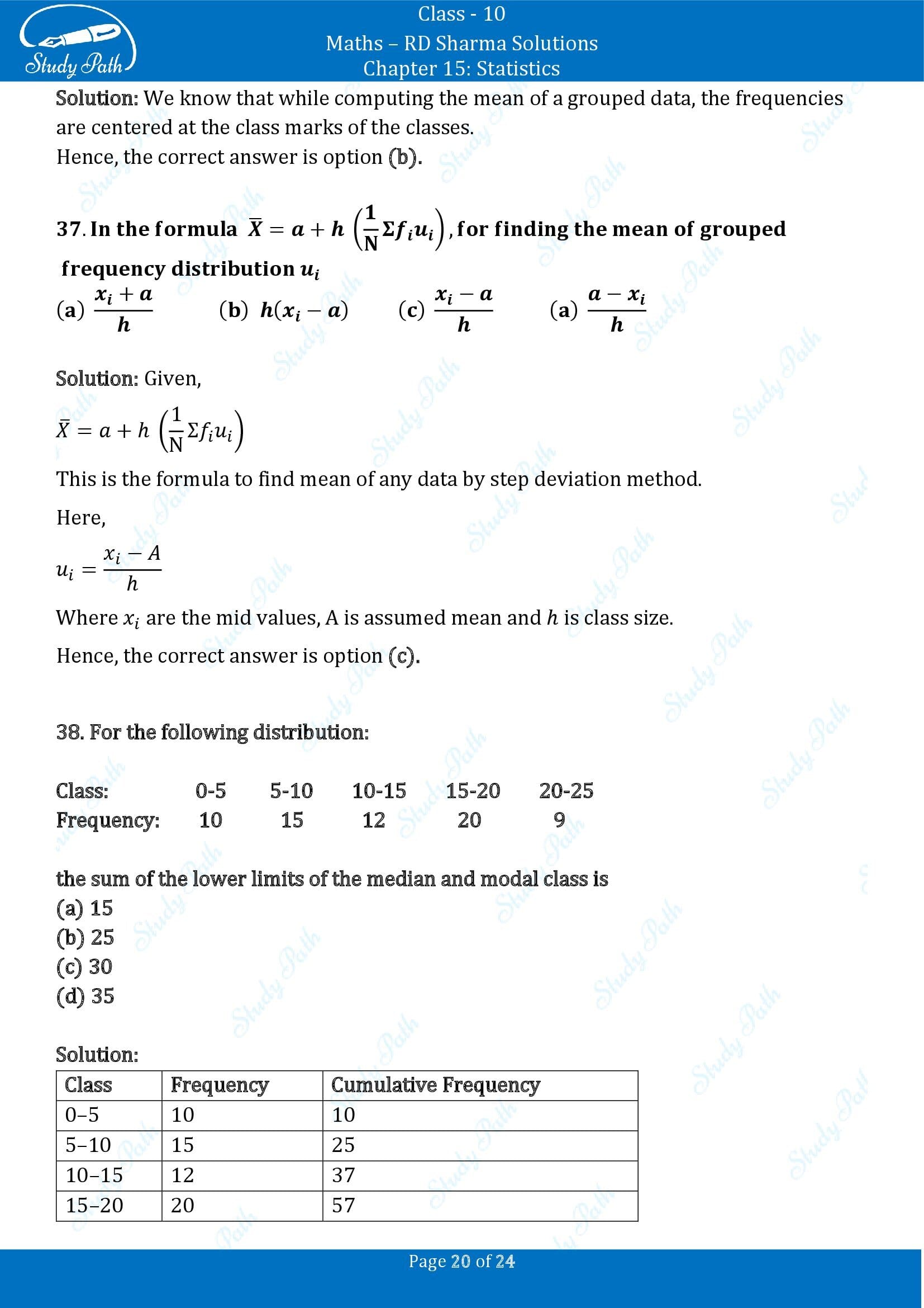 RD Sharma Solutions Class 10 Chapter 15 Statistics Multiple Choice Question MCQs 00020