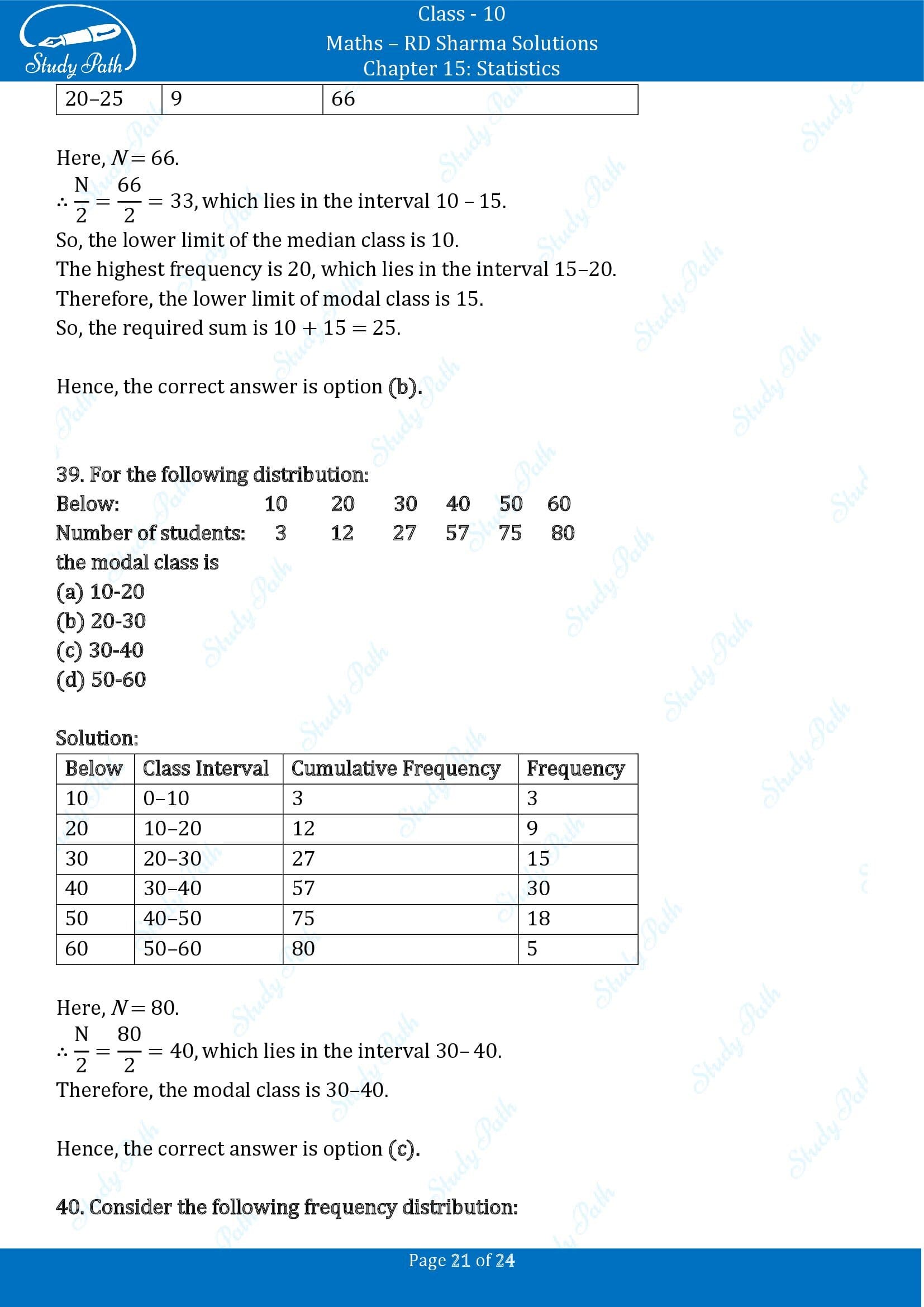 RD Sharma Solutions Class 10 Chapter 15 Statistics Multiple Choice Question MCQs 00021