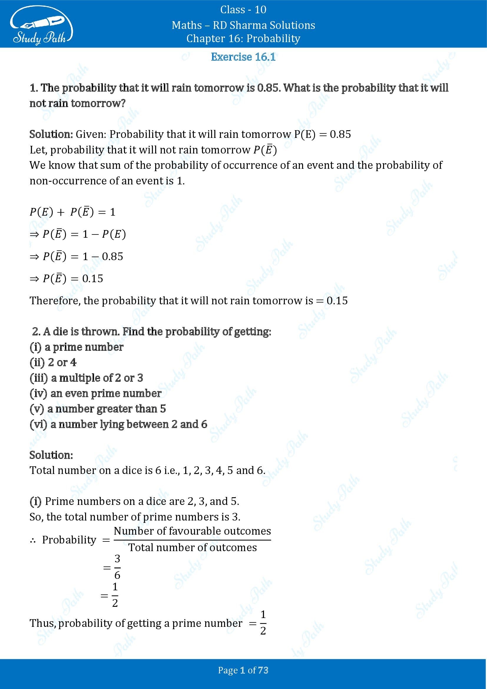 RD Sharma Solutions Class 10 Chapter 16 Probability Exercise 16.1 00001