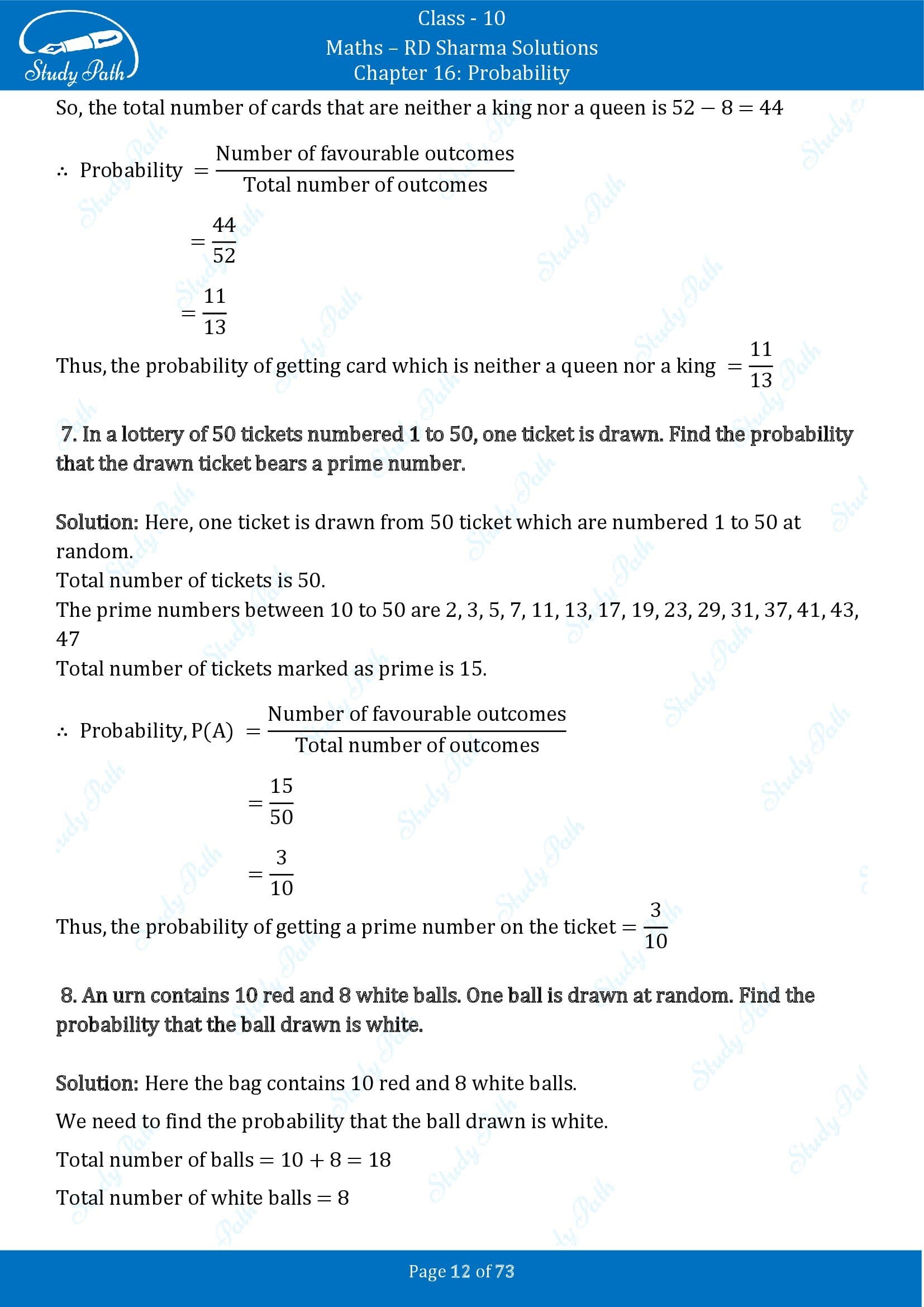 RD Sharma Solutions Class 10 Chapter 16 Probability Exercise 16.1 00012