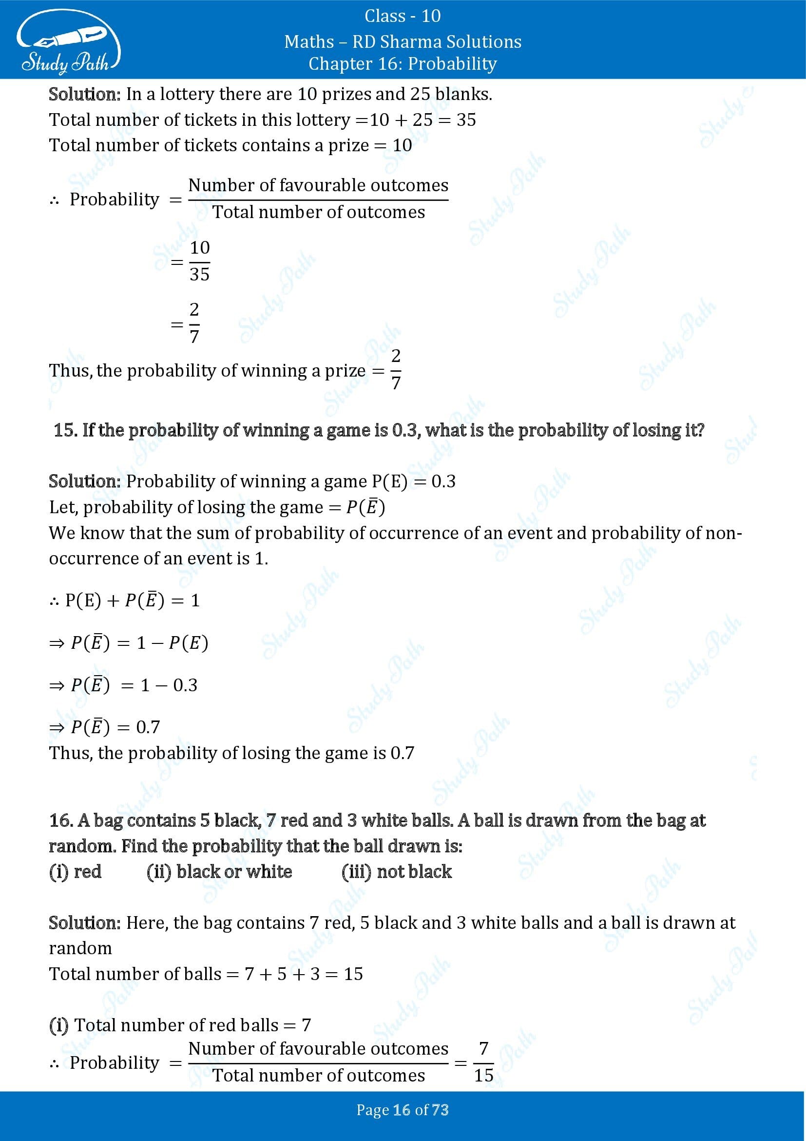 RD Sharma Solutions Class 10 Chapter 16 Probability Exercise 16.1 00016