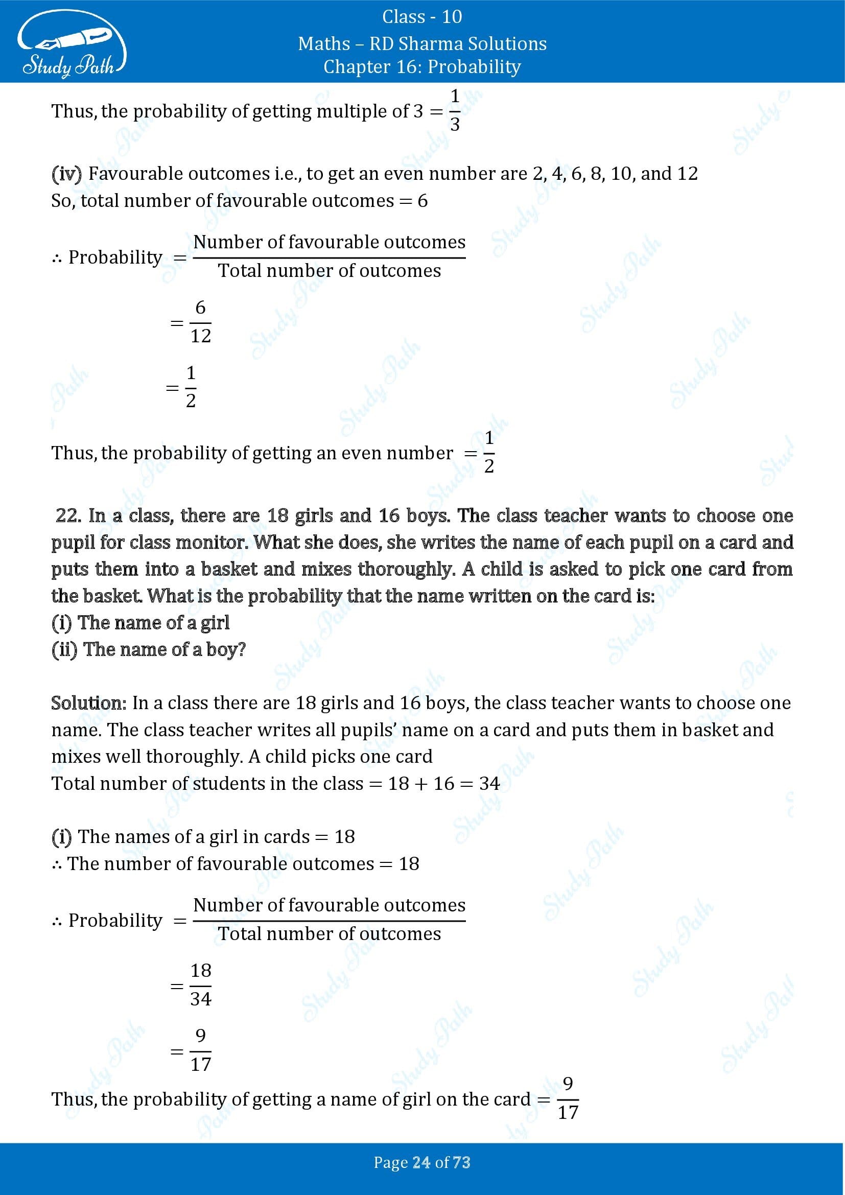 RD Sharma Solutions Class 10 Chapter 16 Probability Exercise 16.1 00024