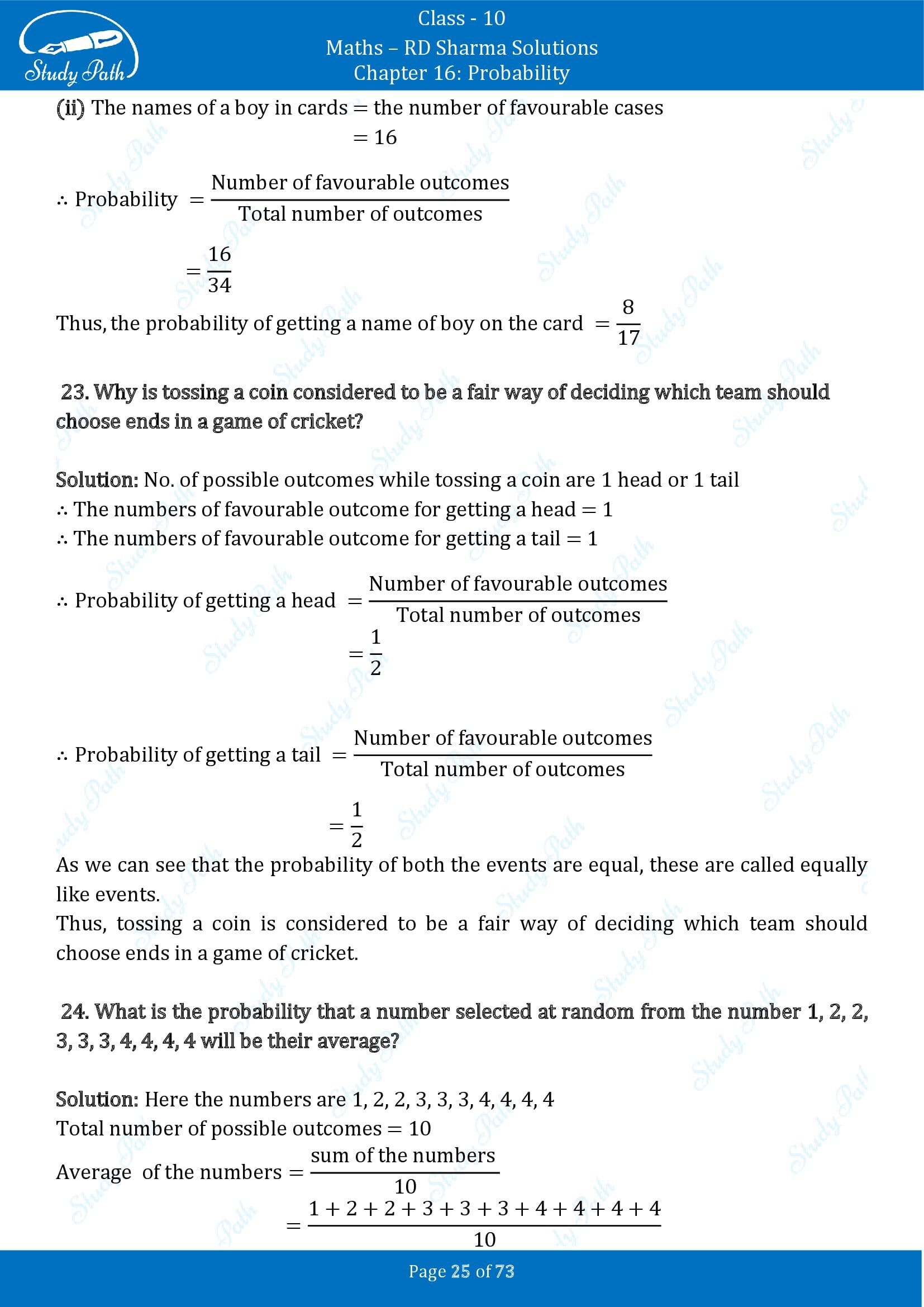 RD Sharma Solutions Class 10 Chapter 16 Probability Exercise 16.1 00025