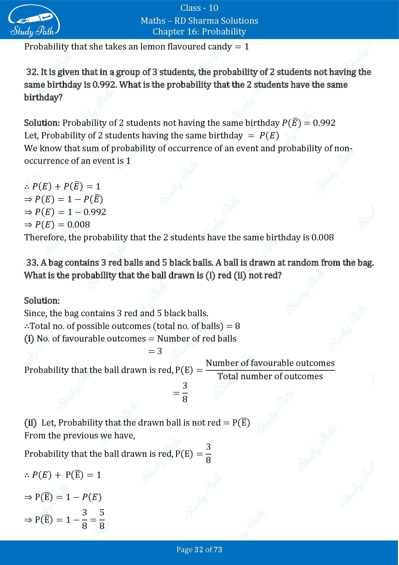 RD Sharma Solutions Class 10 Chapter 16 Probability Exercise 16.1 00032