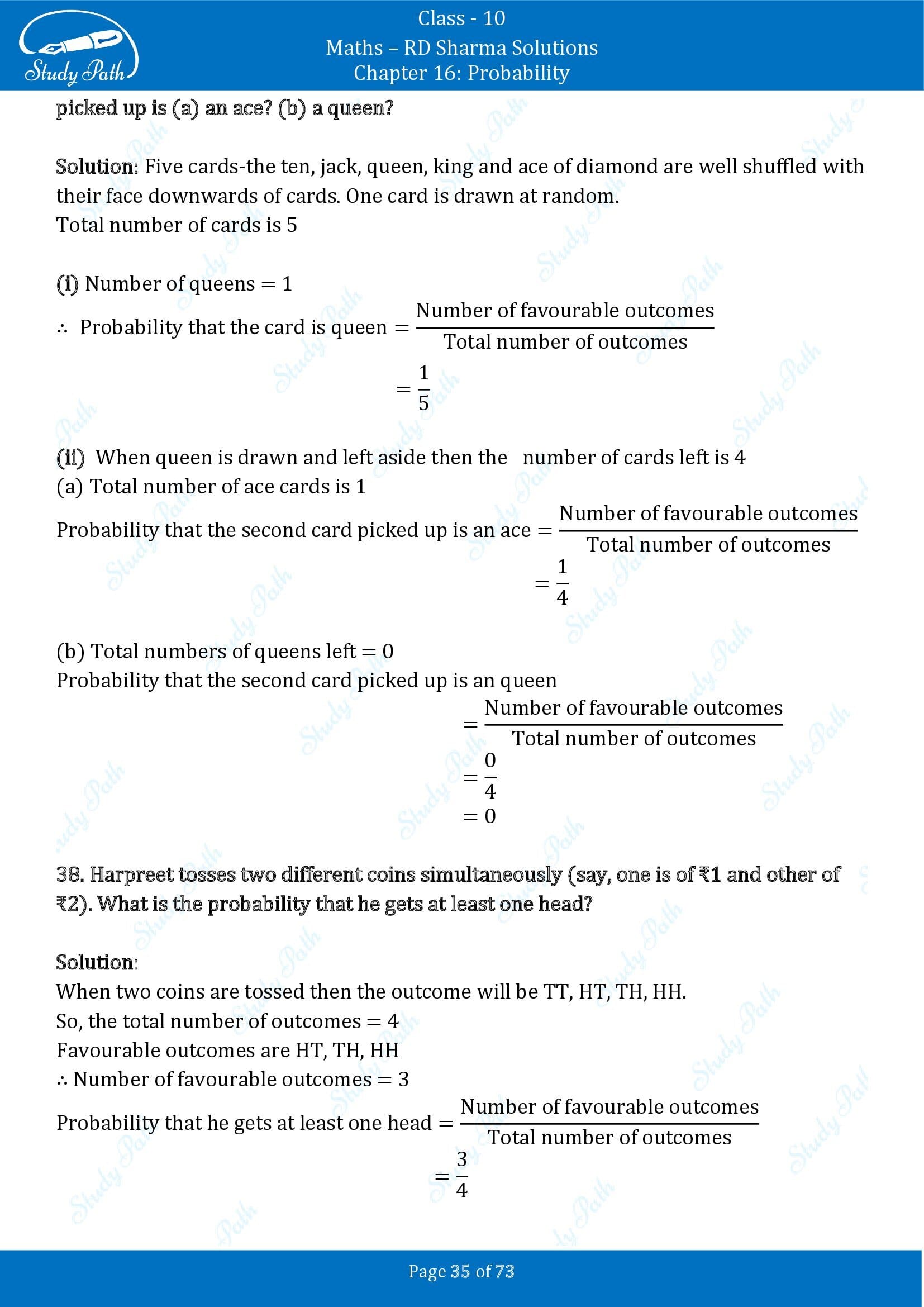 RD Sharma Solutions Class 10 Chapter 16 Probability Exercise 16.1 00035