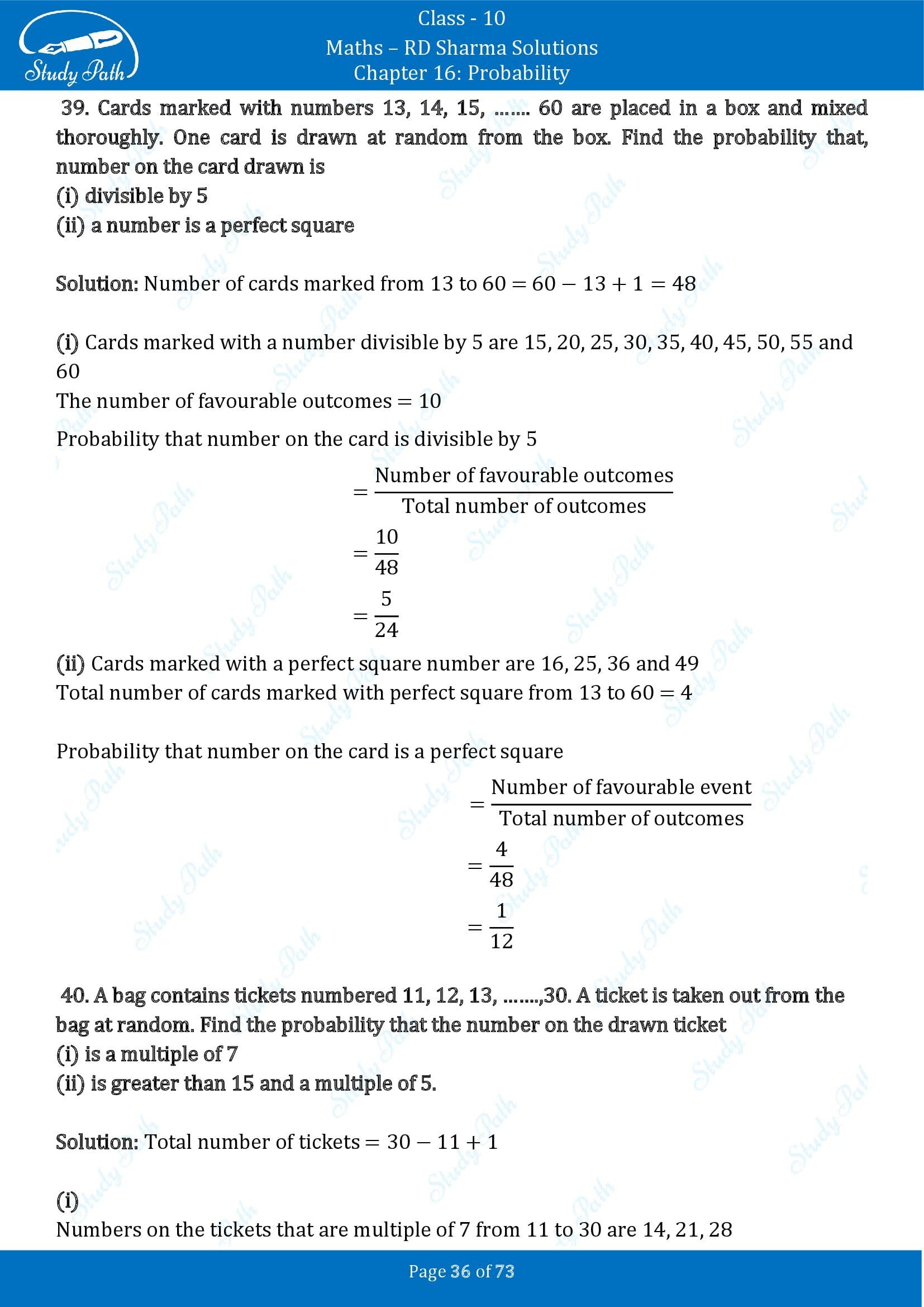 RD Sharma Solutions Class 10 Chapter 16 Probability Exercise 16.1 00036