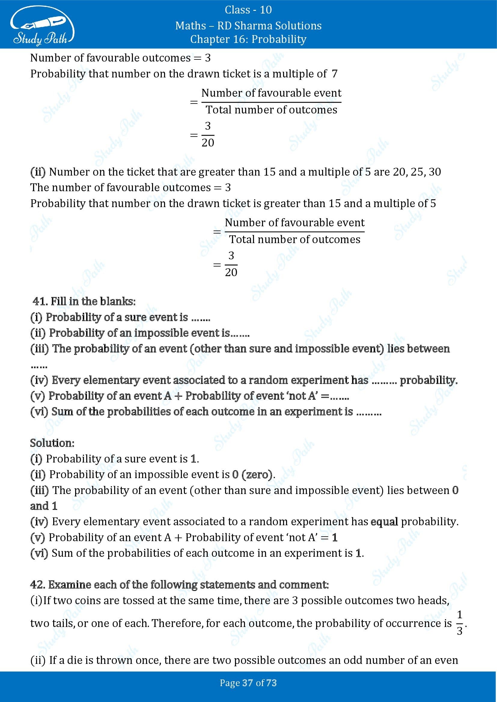 RD Sharma Solutions Class 10 Chapter 16 Probability Exercise 16.1 00037