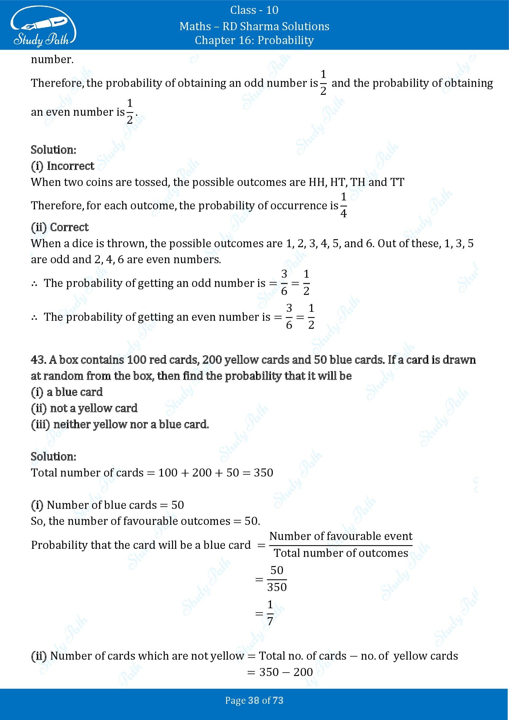 RD Sharma Solutions Class 10 Chapter 16 Probability Exercise 16.1 00038