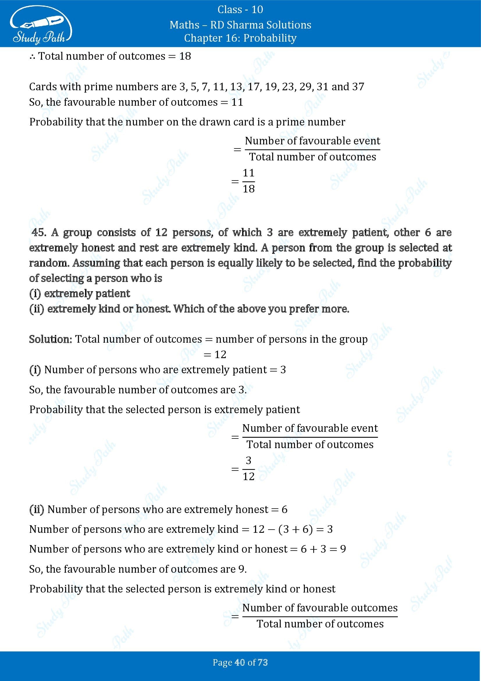 RD Sharma Solutions Class 10 Chapter 16 Probability Exercise 16.1 00040