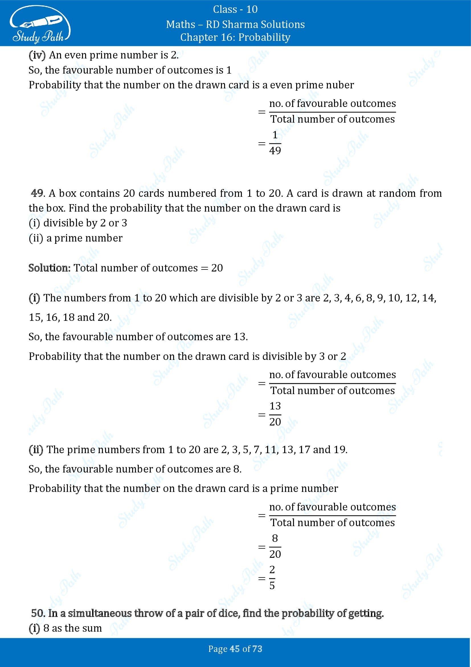 RD Sharma Solutions Class 10 Chapter 16 Probability Exercise 16.1 00045
