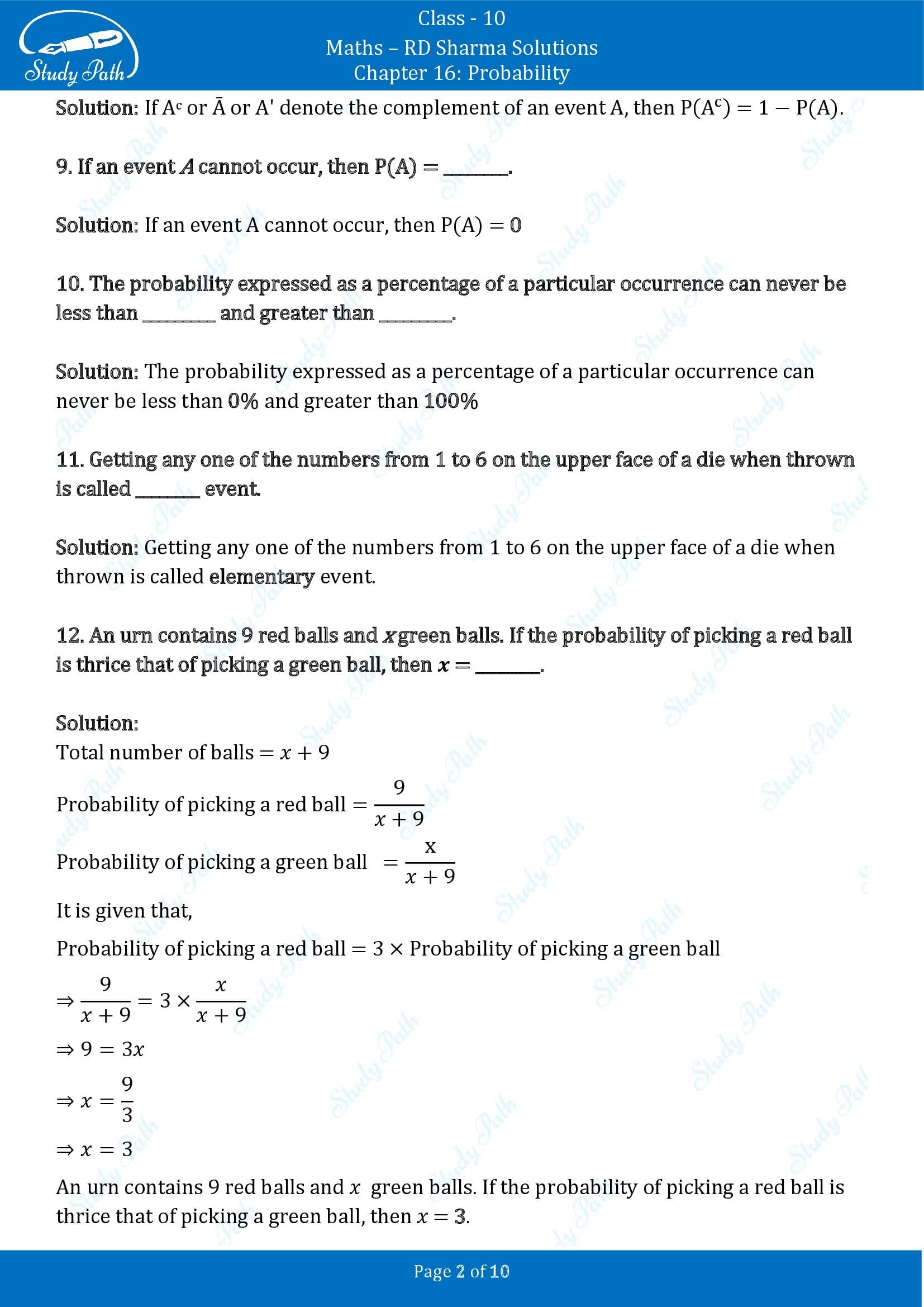 RD Sharma Solutions Class 10 Chapter 16 Probability Fill in the Blank Type Questions FBQs 00002