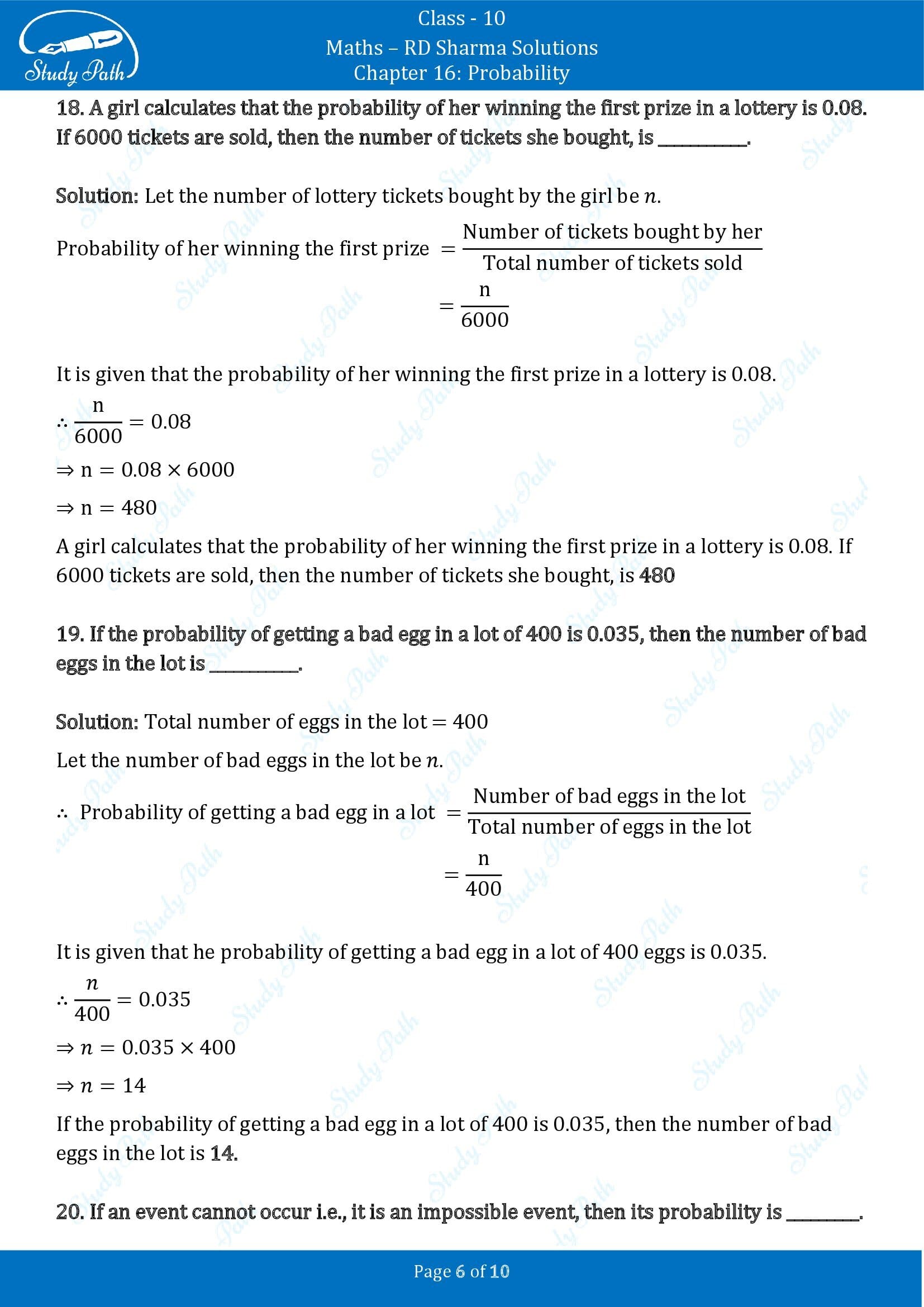 RD Sharma Solutions Class 10 Chapter 16 Probability Fill in the Blank Type Questions FBQs 00006