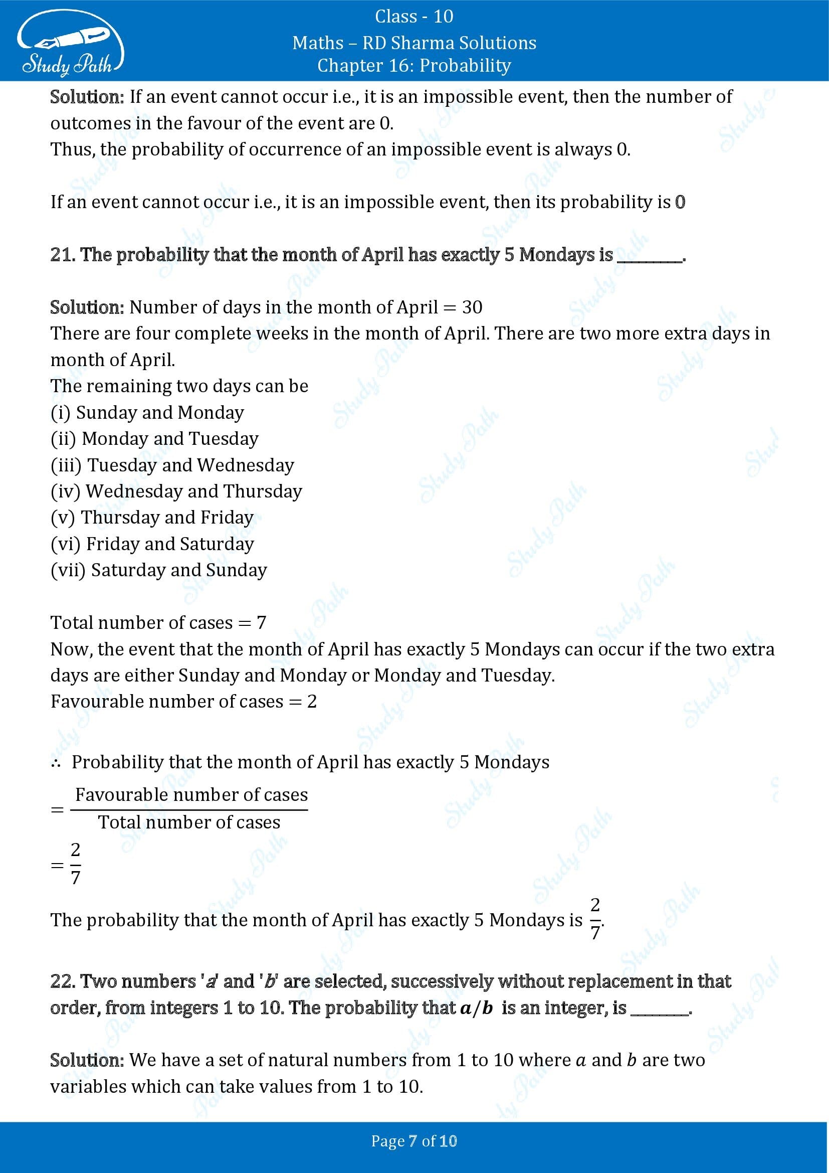 RD Sharma Solutions Class 10 Chapter 16 Probability Fill in the Blank Type Questions FBQs 00007