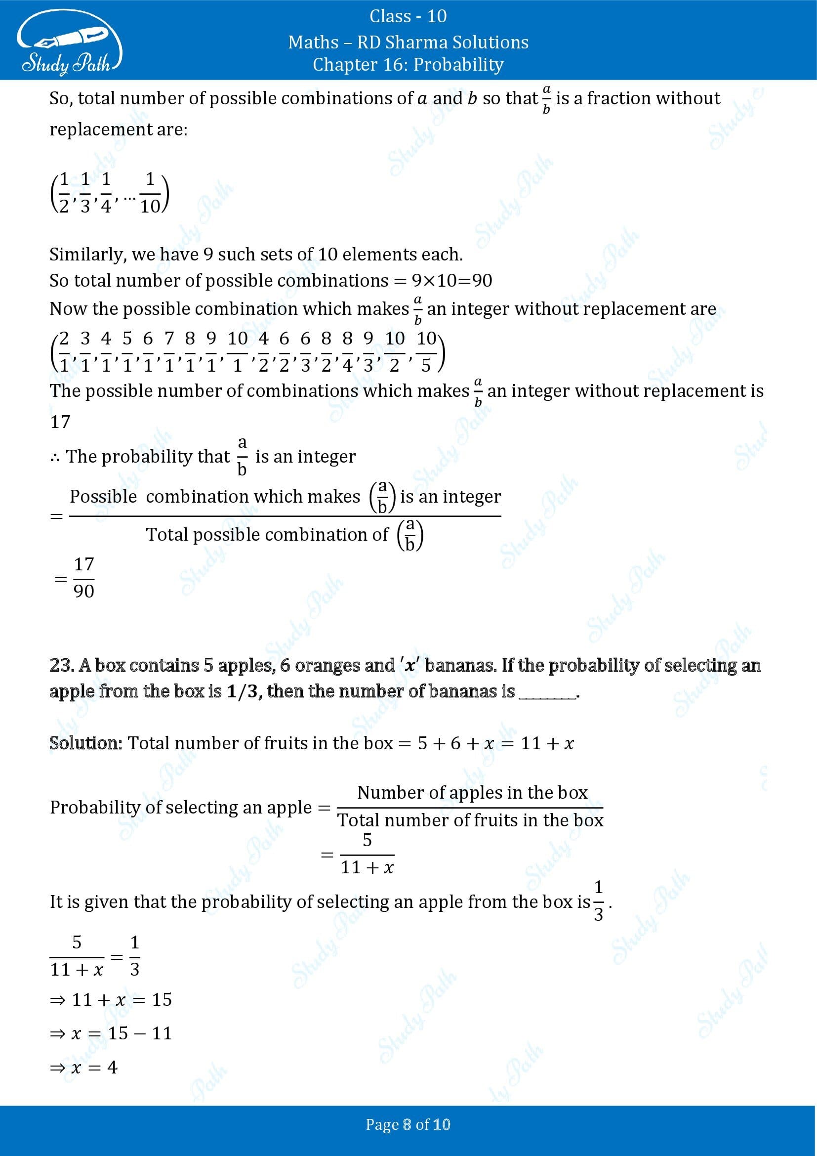 RD Sharma Solutions Class 10 Chapter 16 Probability Fill in the Blank Type Questions FBQs 00008