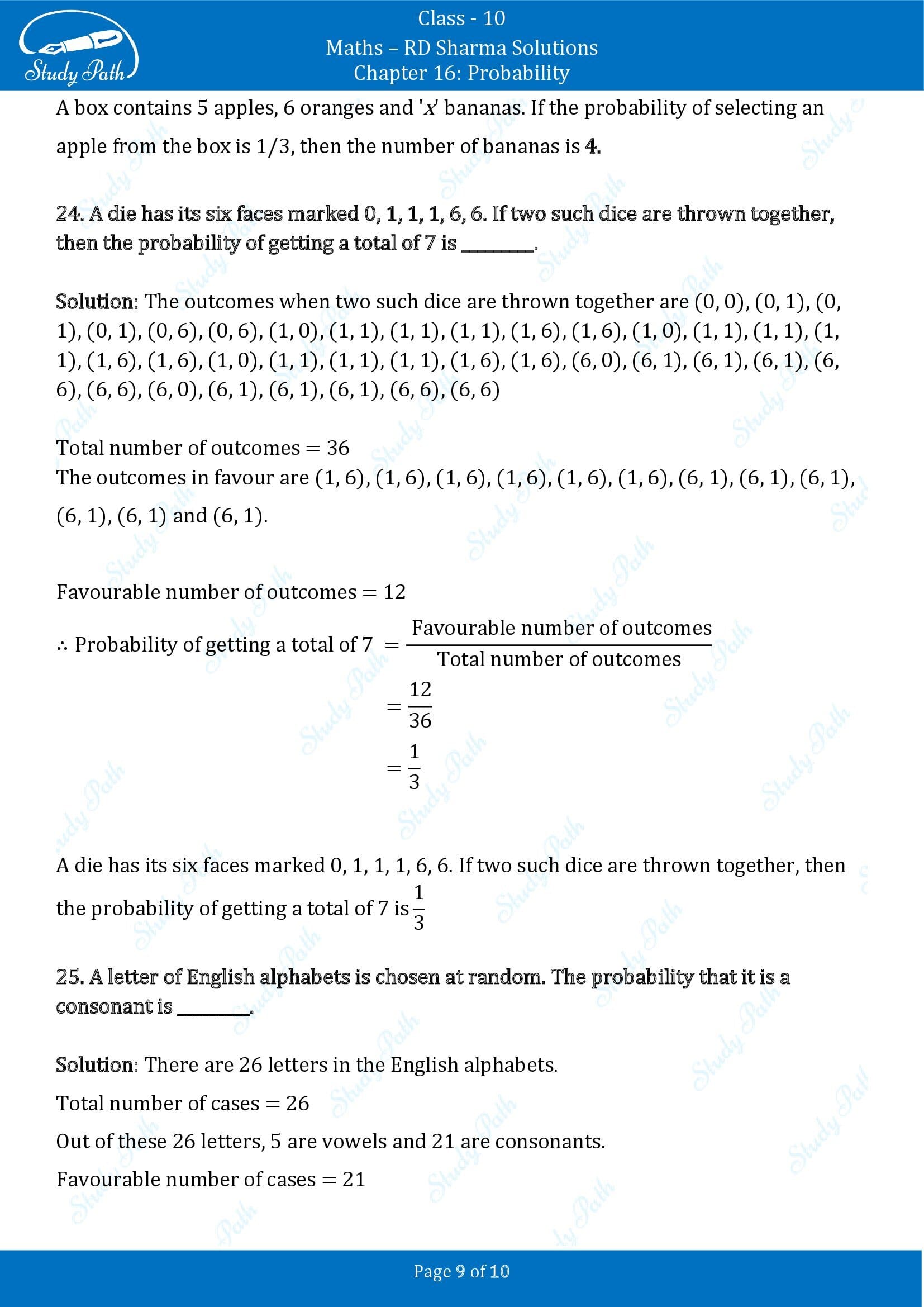 RD Sharma Solutions Class 10 Chapter 16 Probability Fill in the Blank Type Questions FBQs 00009