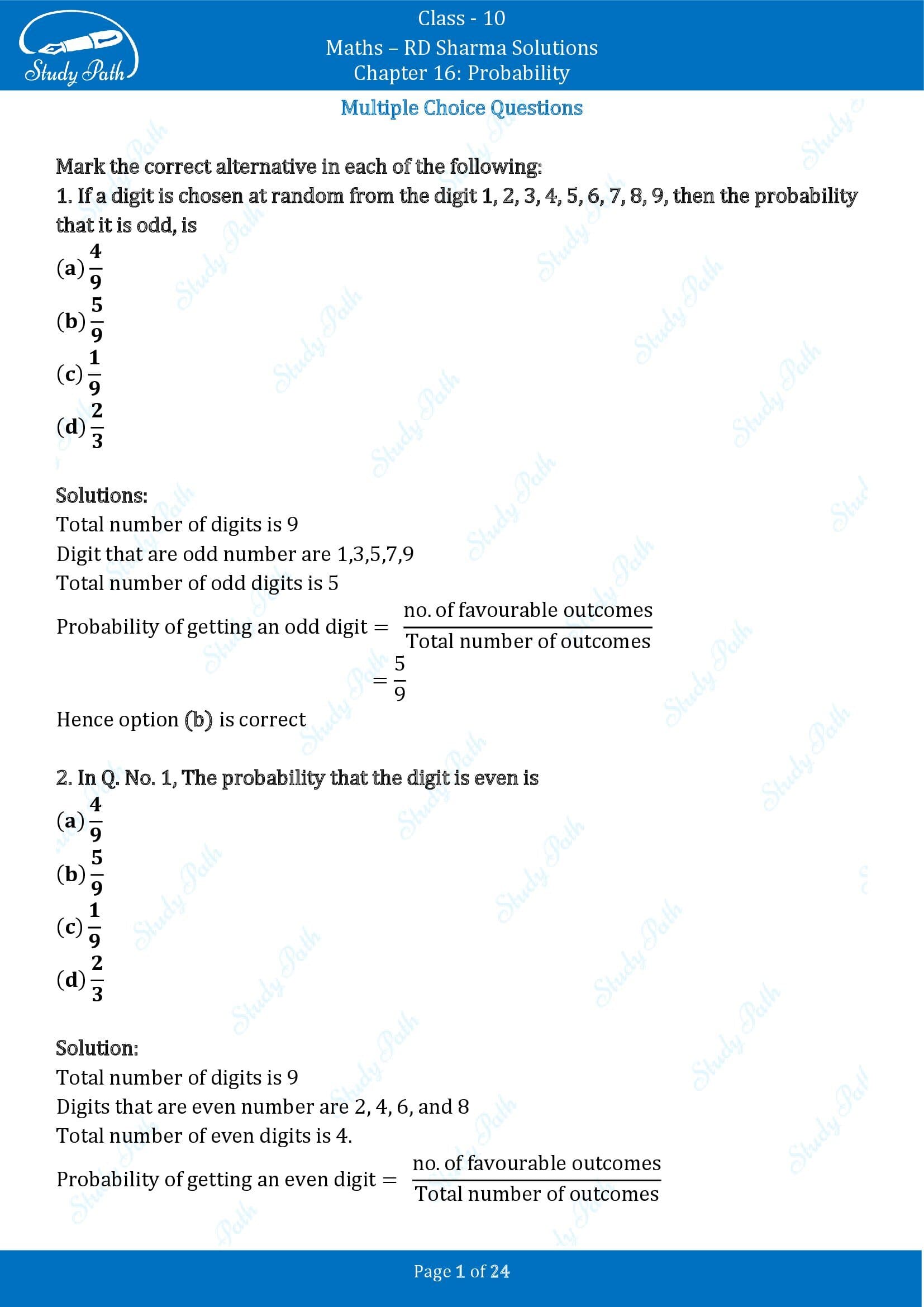 RD Sharma Solutions Class 10 Chapter 16 Probability Multiple Choice Question MCQs 00001