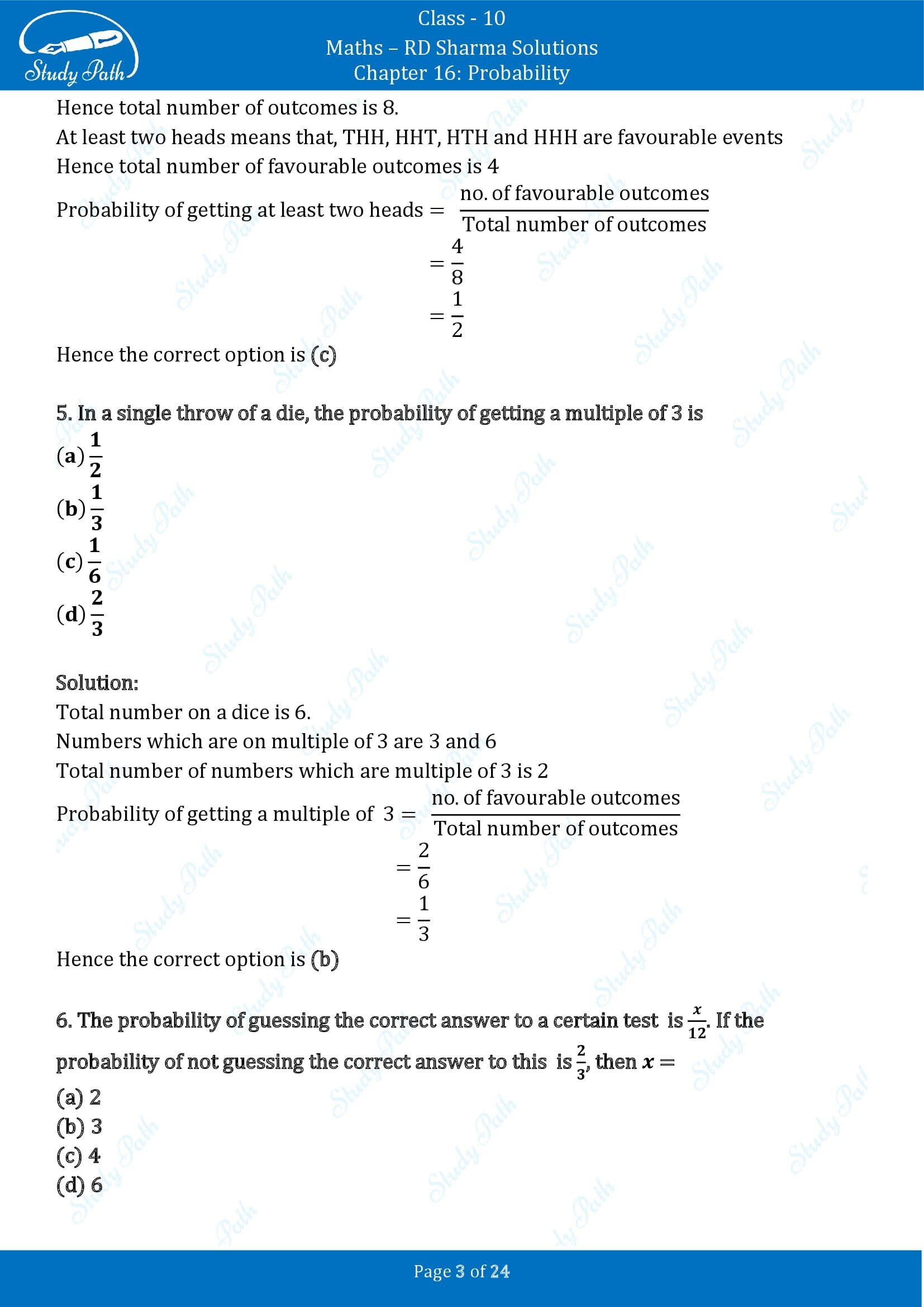 RD Sharma Solutions Class 10 Chapter 16 Probability Multiple Choice Question MCQs 00003