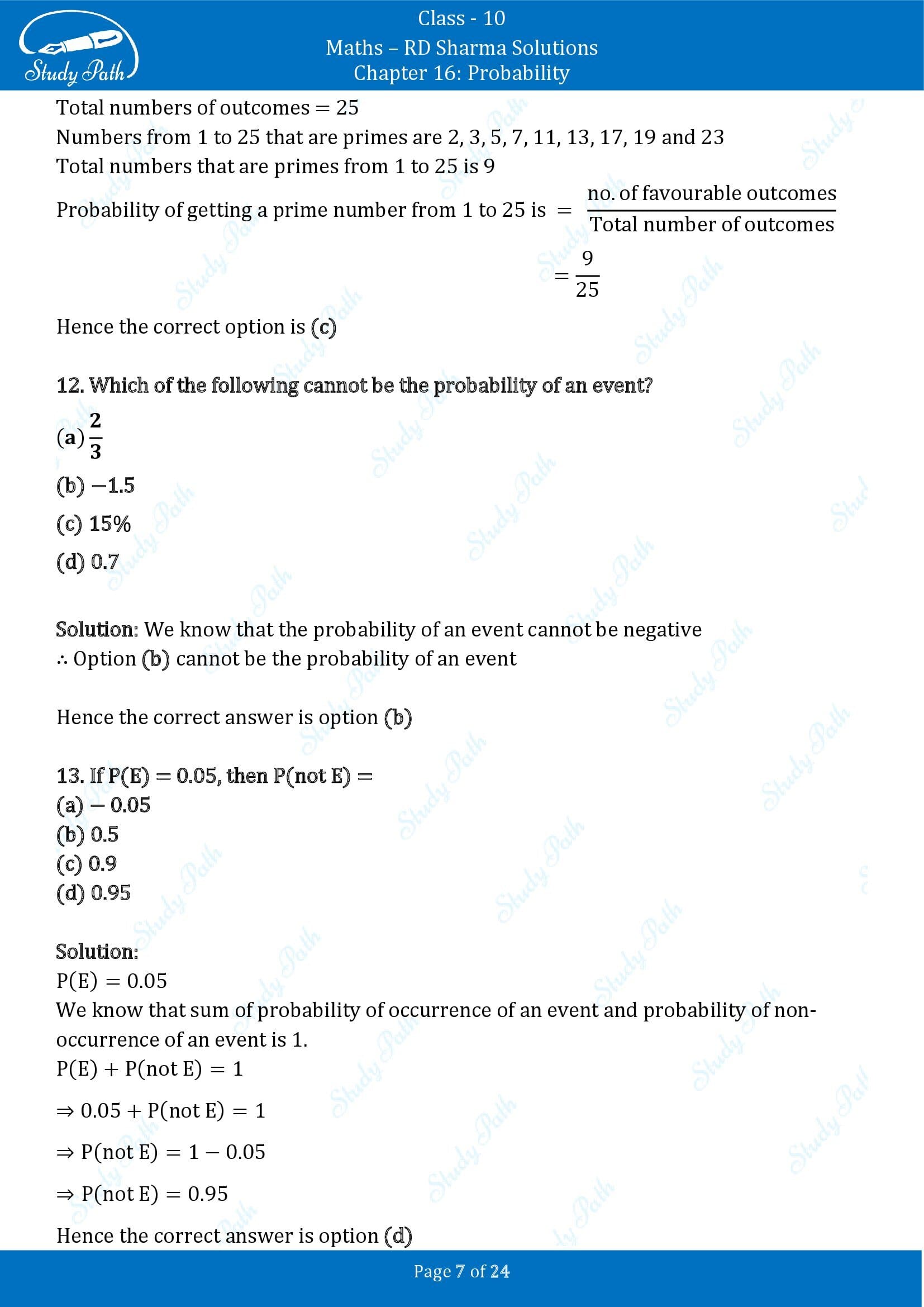 RD Sharma Solutions Class 10 Chapter 16 Probability Multiple Choice Question MCQs 00007