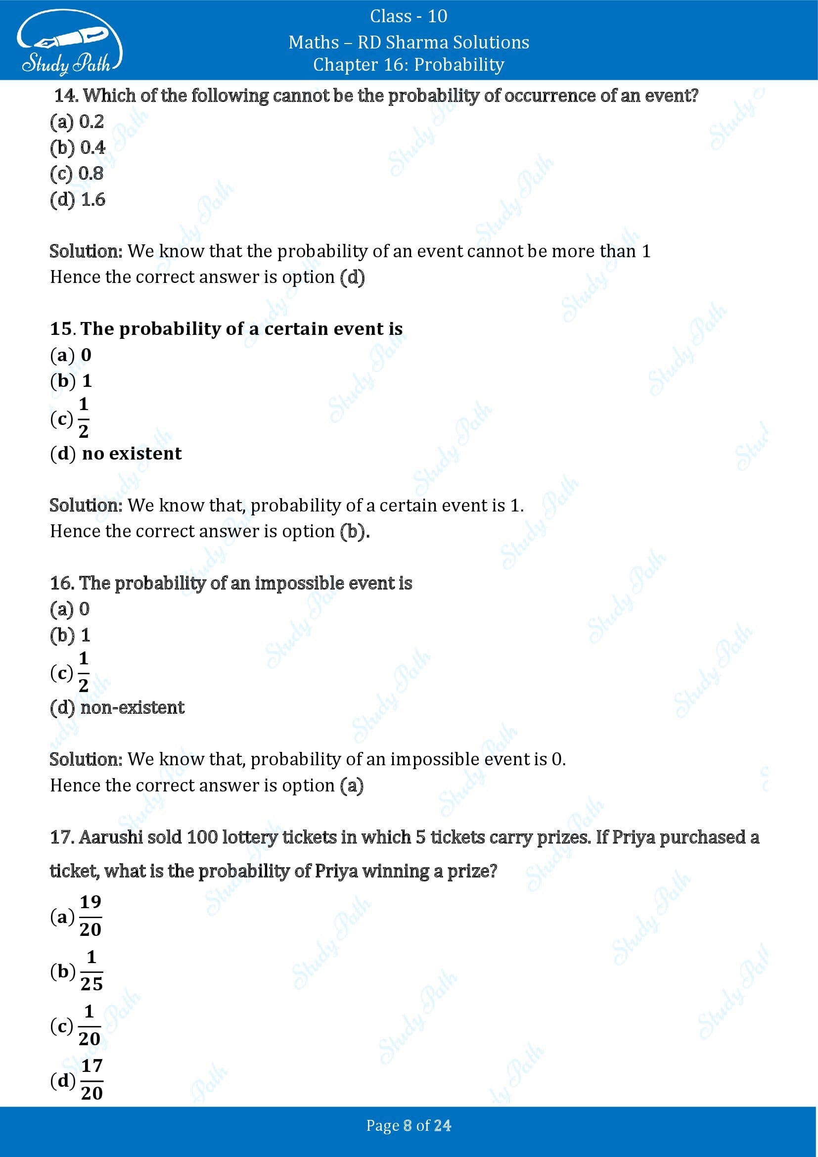 RD Sharma Solutions Class 10 Chapter 16 Probability Multiple Choice Question MCQs 00008