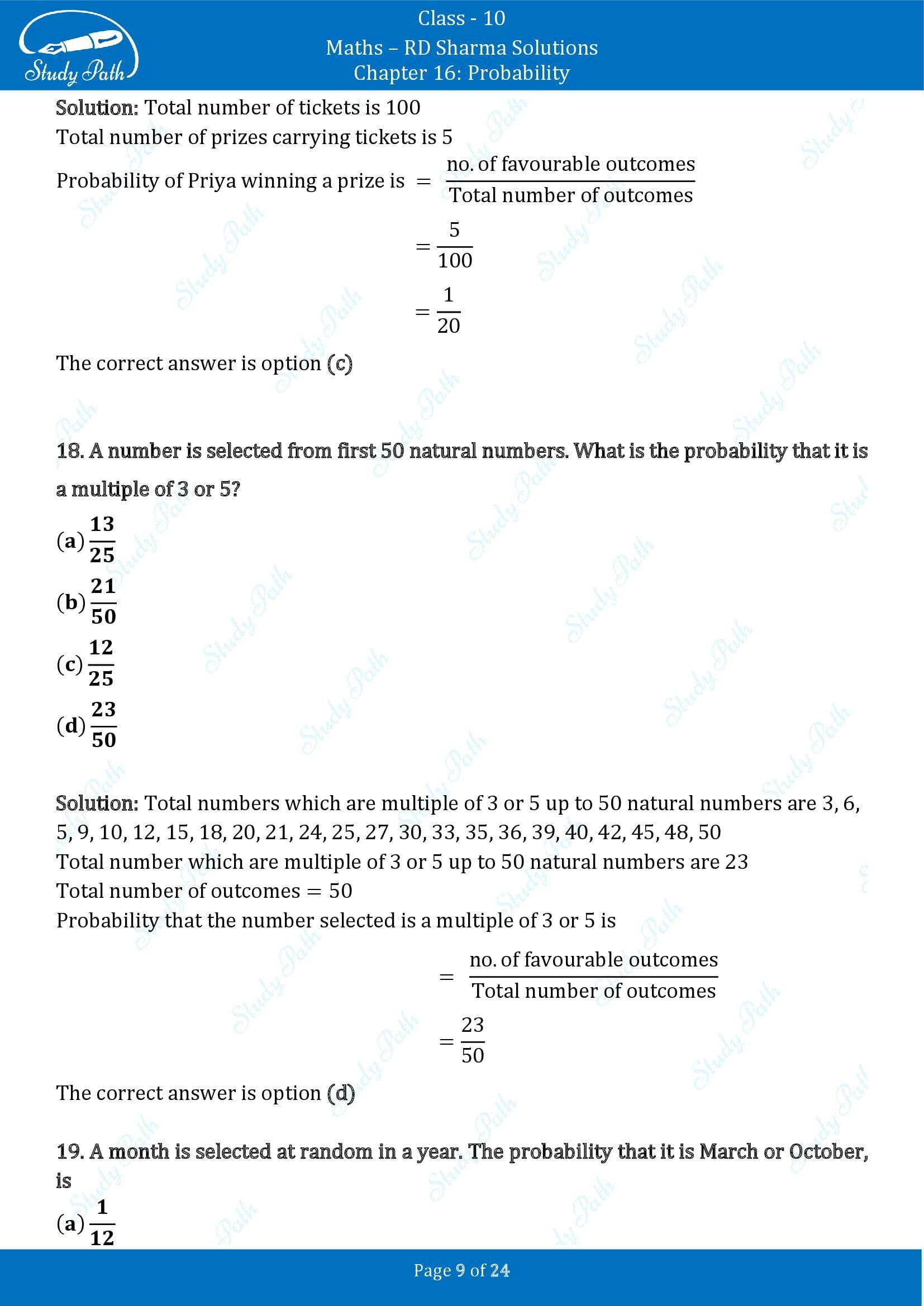 RD Sharma Solutions Class 10 Chapter 16 Probability Multiple Choice Question MCQs 00009