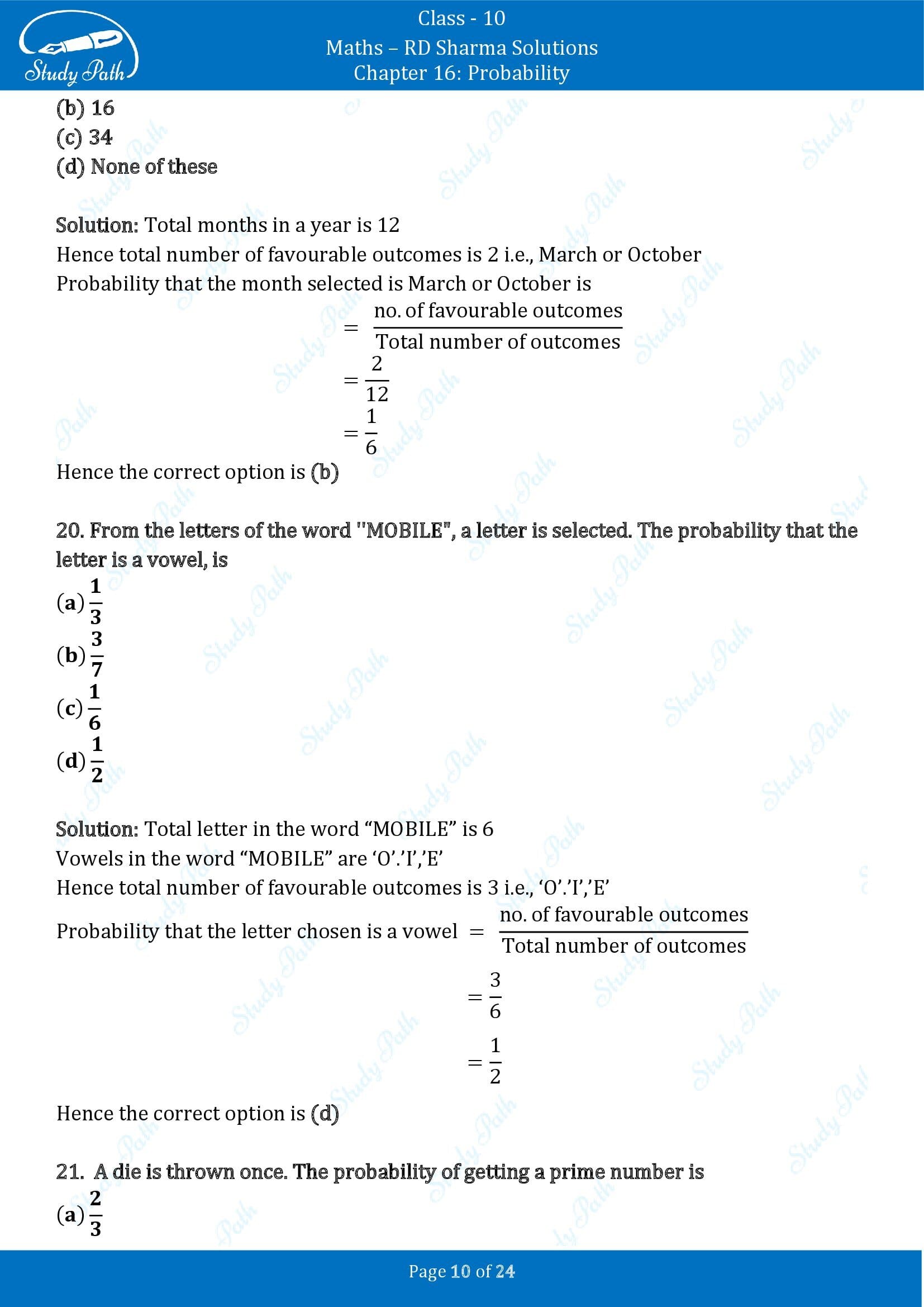 RD Sharma Solutions Class 10 Chapter 16 Probability Multiple Choice Question MCQs 00010