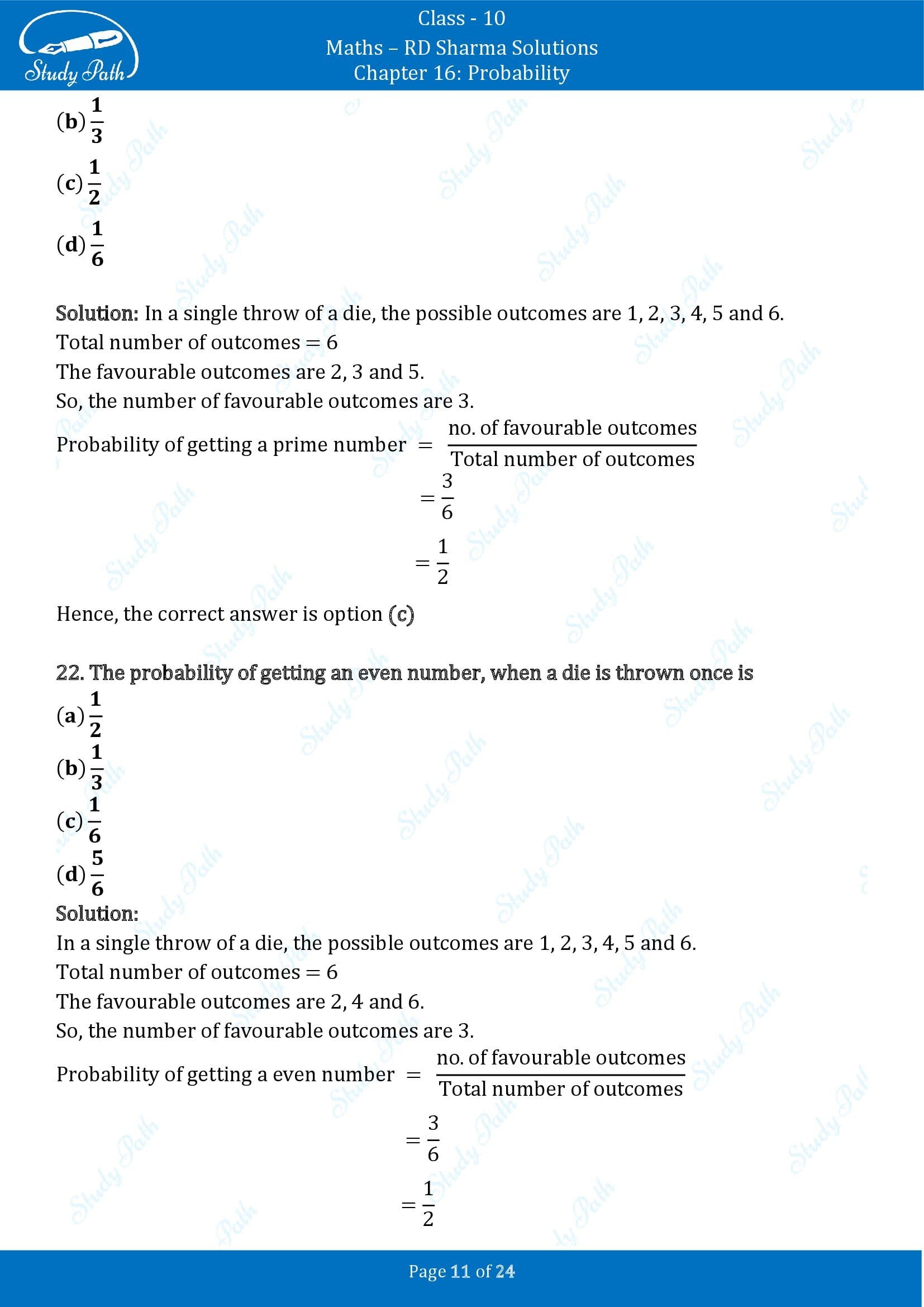 RD Sharma Solutions Class 10 Chapter 16 Probability Multiple Choice Question MCQs 00011