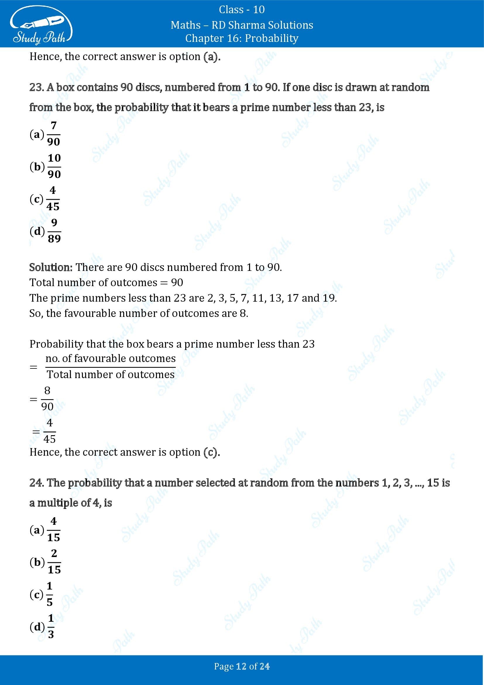 RD Sharma Solutions Class 10 Chapter 16 Probability Multiple Choice Question MCQs 00012