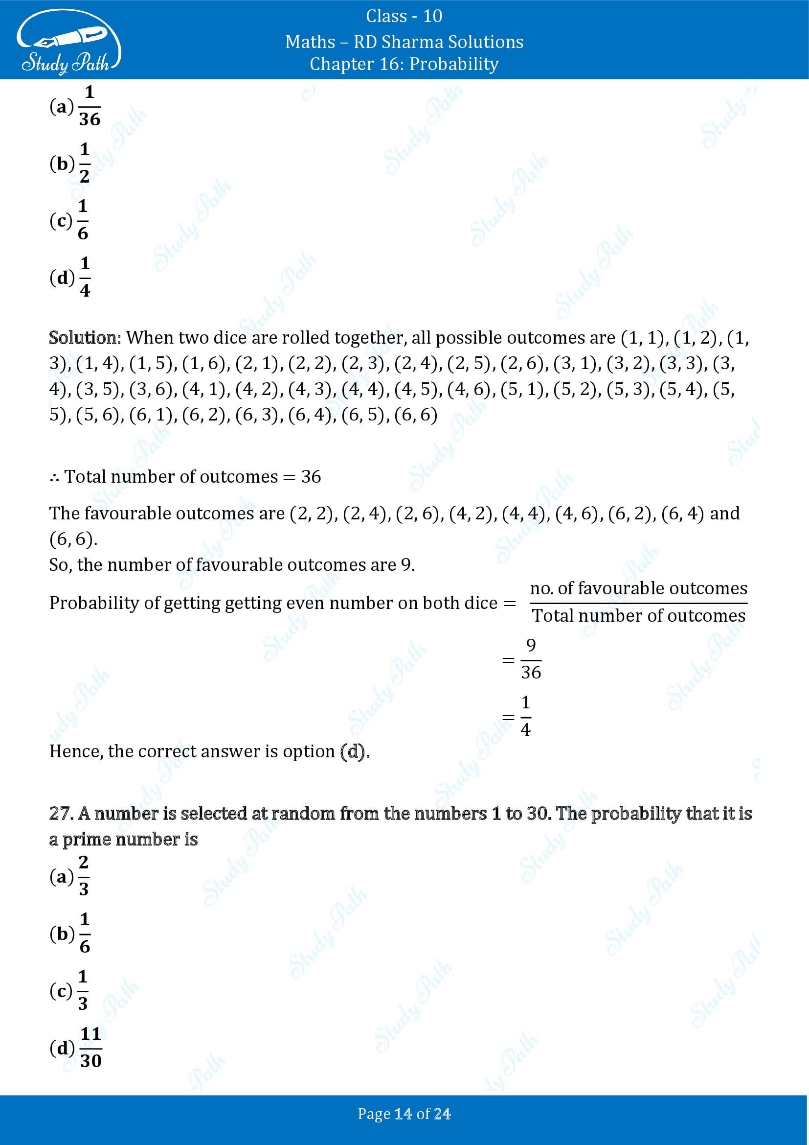 RD Sharma Solutions Class 10 Chapter 16 Probability Multiple Choice Question MCQs 00014