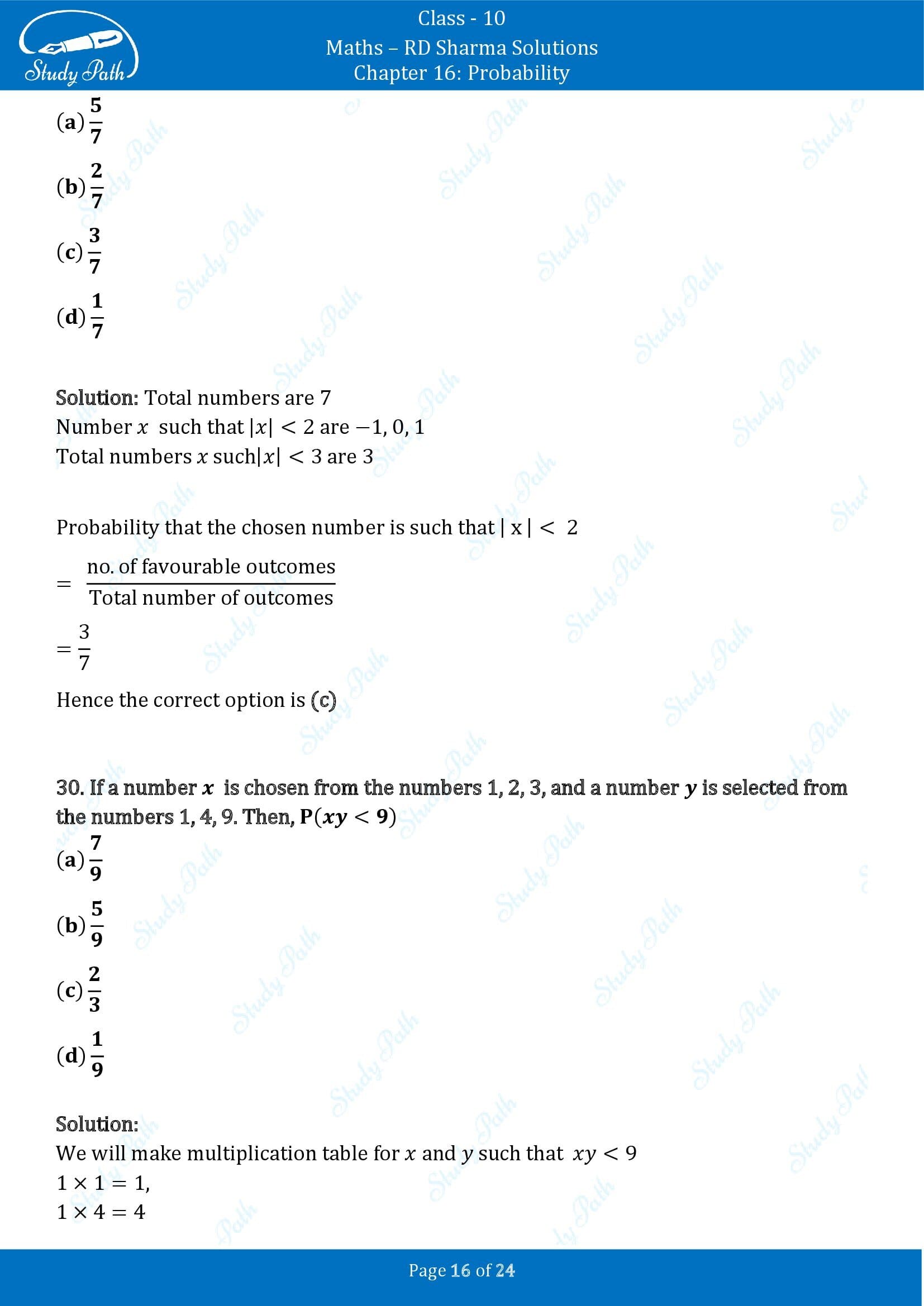 RD Sharma Solutions Class 10 Chapter 16 Probability Multiple Choice Question MCQs 00016