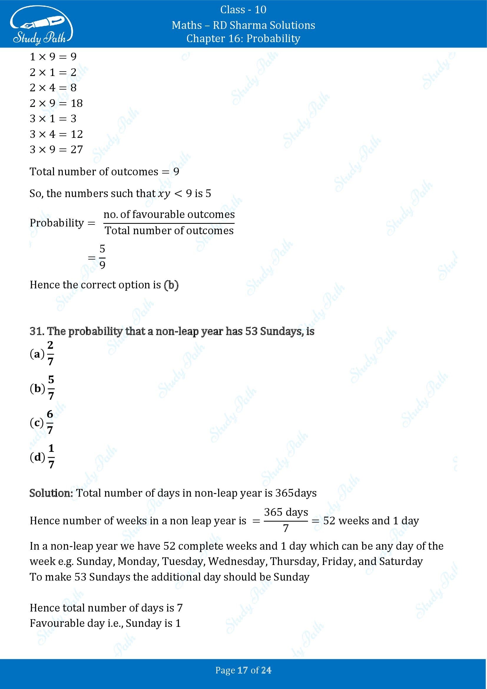 RD Sharma Solutions Class 10 Chapter 16 Probability Multiple Choice Question MCQs 00017