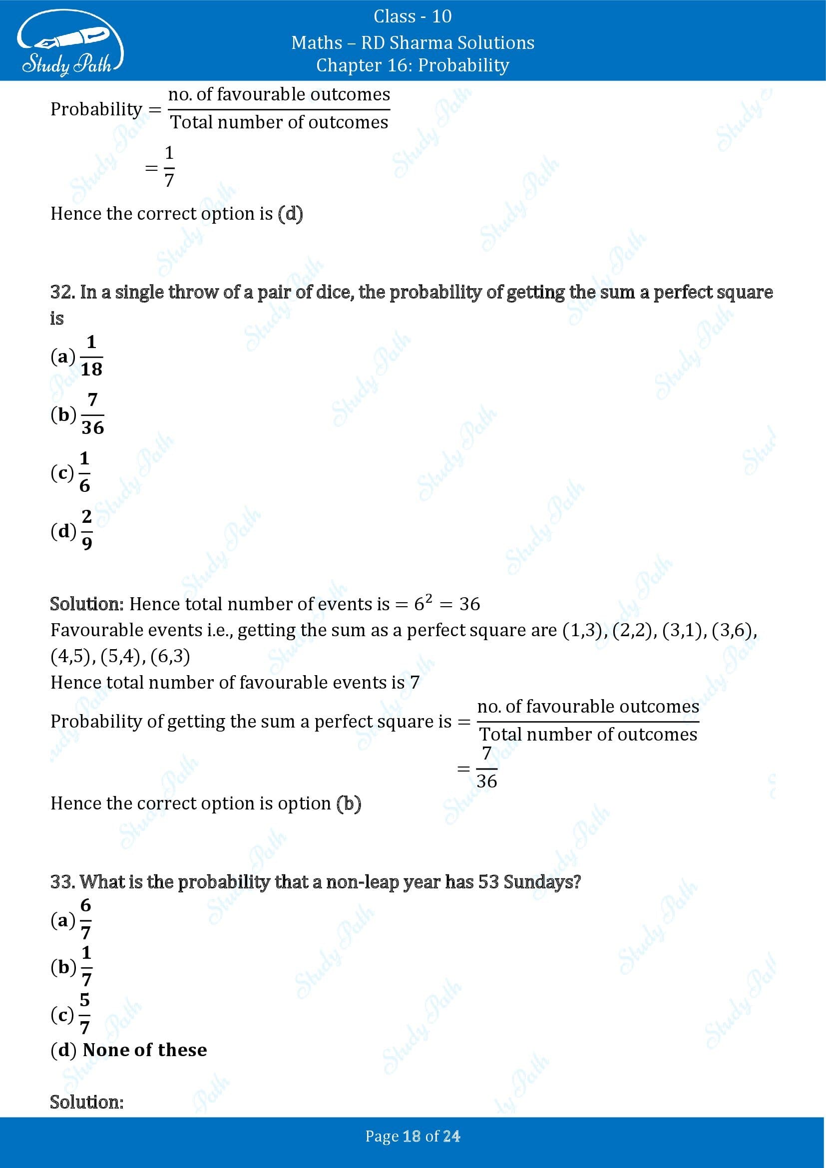 RD Sharma Solutions Class 10 Chapter 16 Probability Multiple Choice Question MCQs 00018