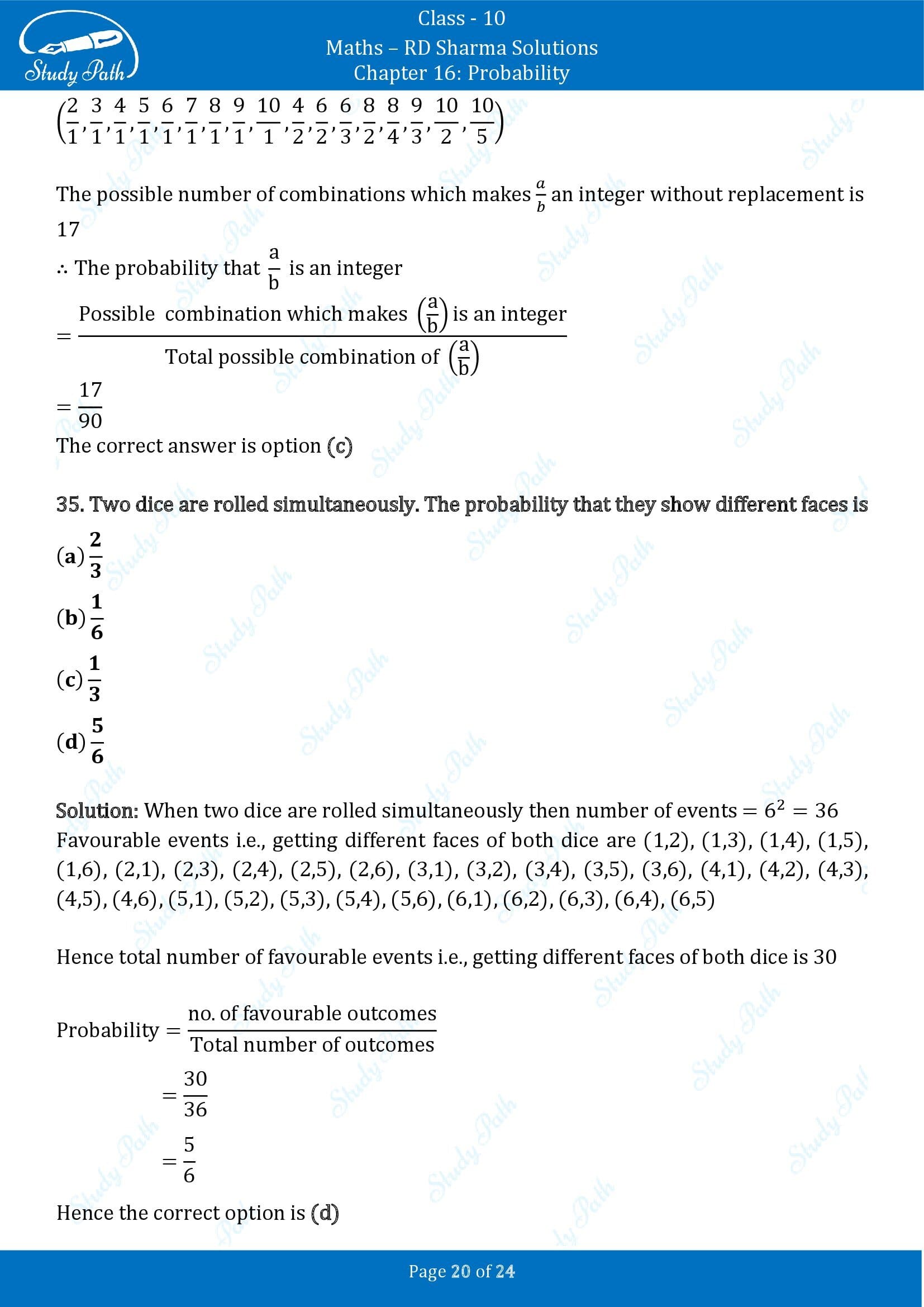RD Sharma Solutions Class 10 Chapter 16 Probability Multiple Choice Question MCQs 00020