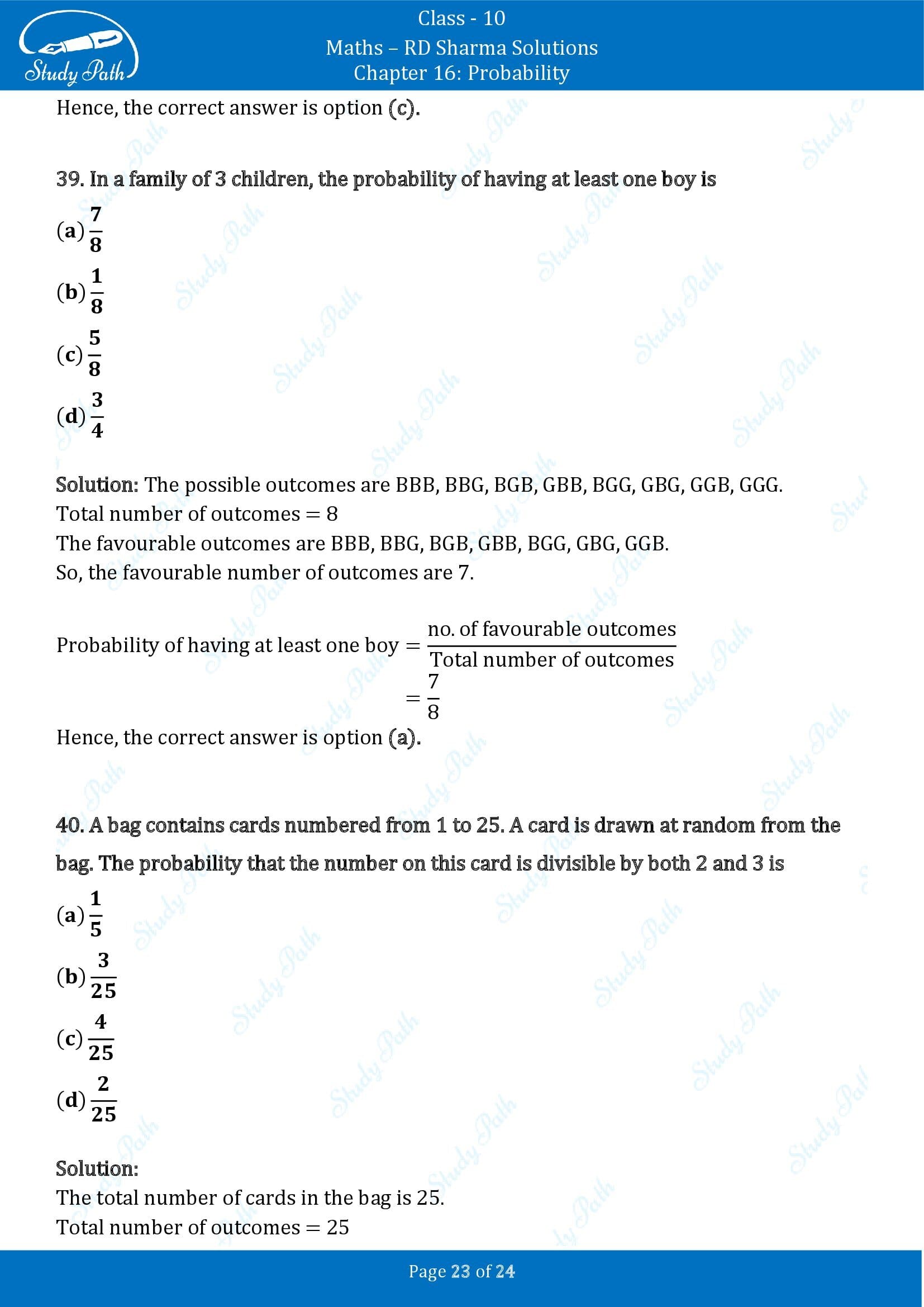 RD Sharma Solutions Class 10 Chapter 16 Probability Multiple Choice Question MCQs 00023