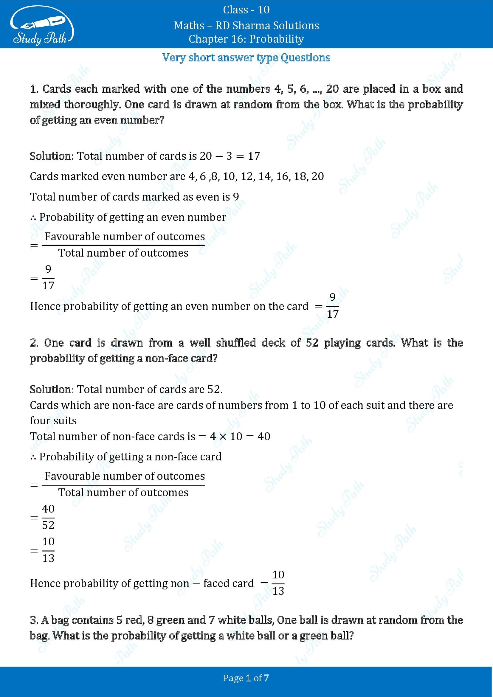 RD Sharma Solutions Class 10 Chapter 16 Probability Very Short Answer Type Questions VSAQs 00001